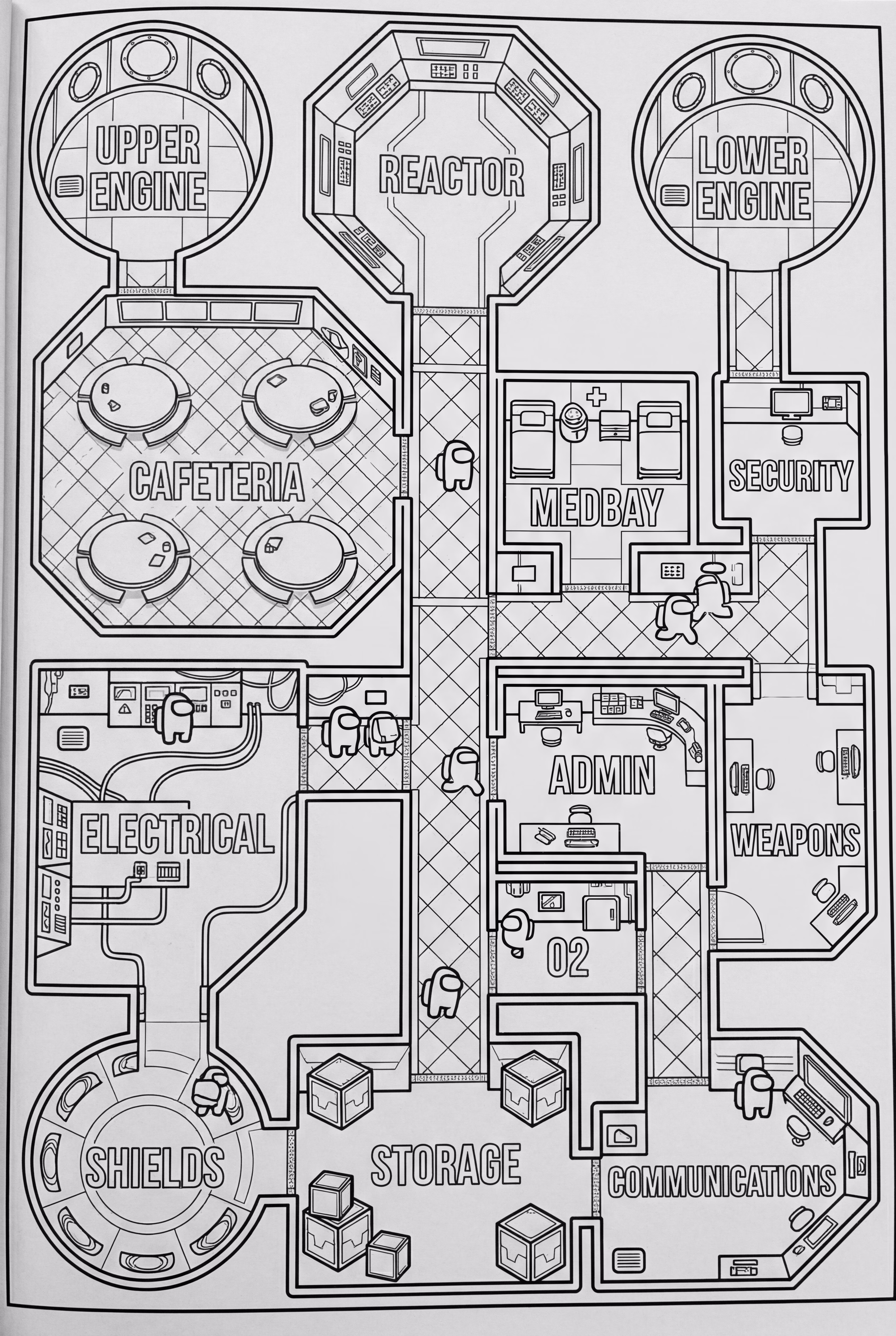 Escena detallada del mapa Skeld de Among Us