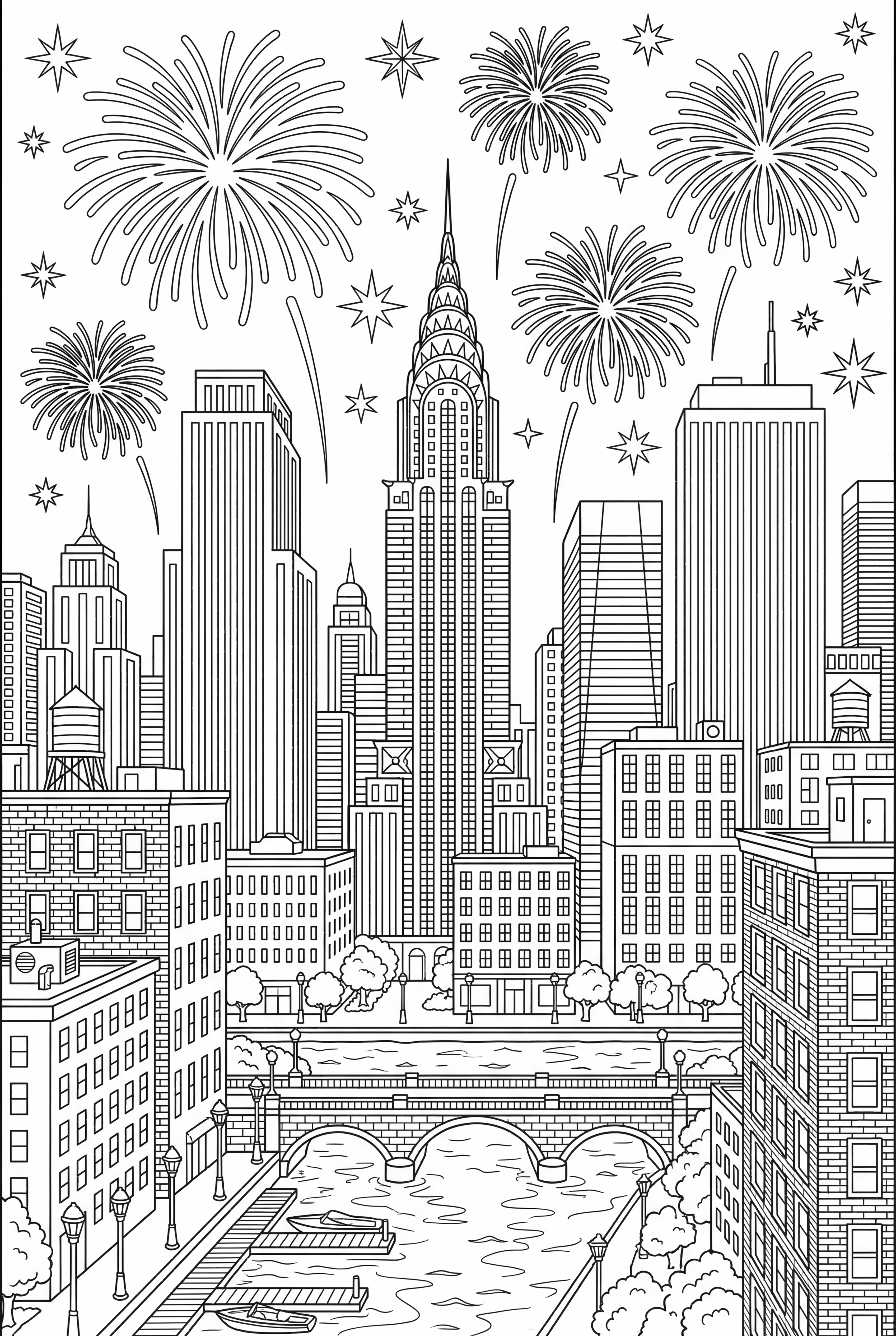 Spectacle de feux d'artifice détaillé sur la silhouette de la ville