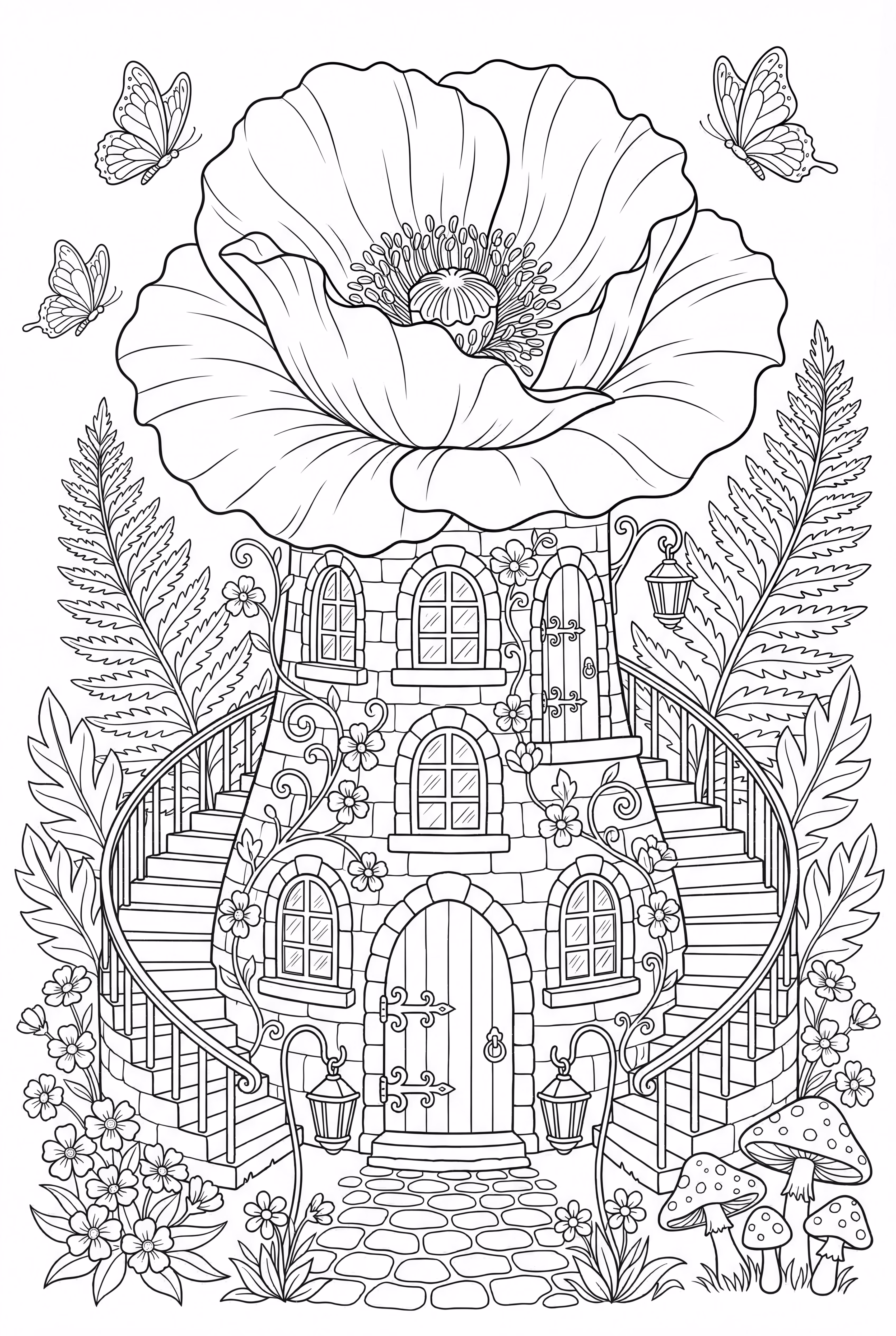 Maison de fée détaillée faite d'une fleur de coquelicot