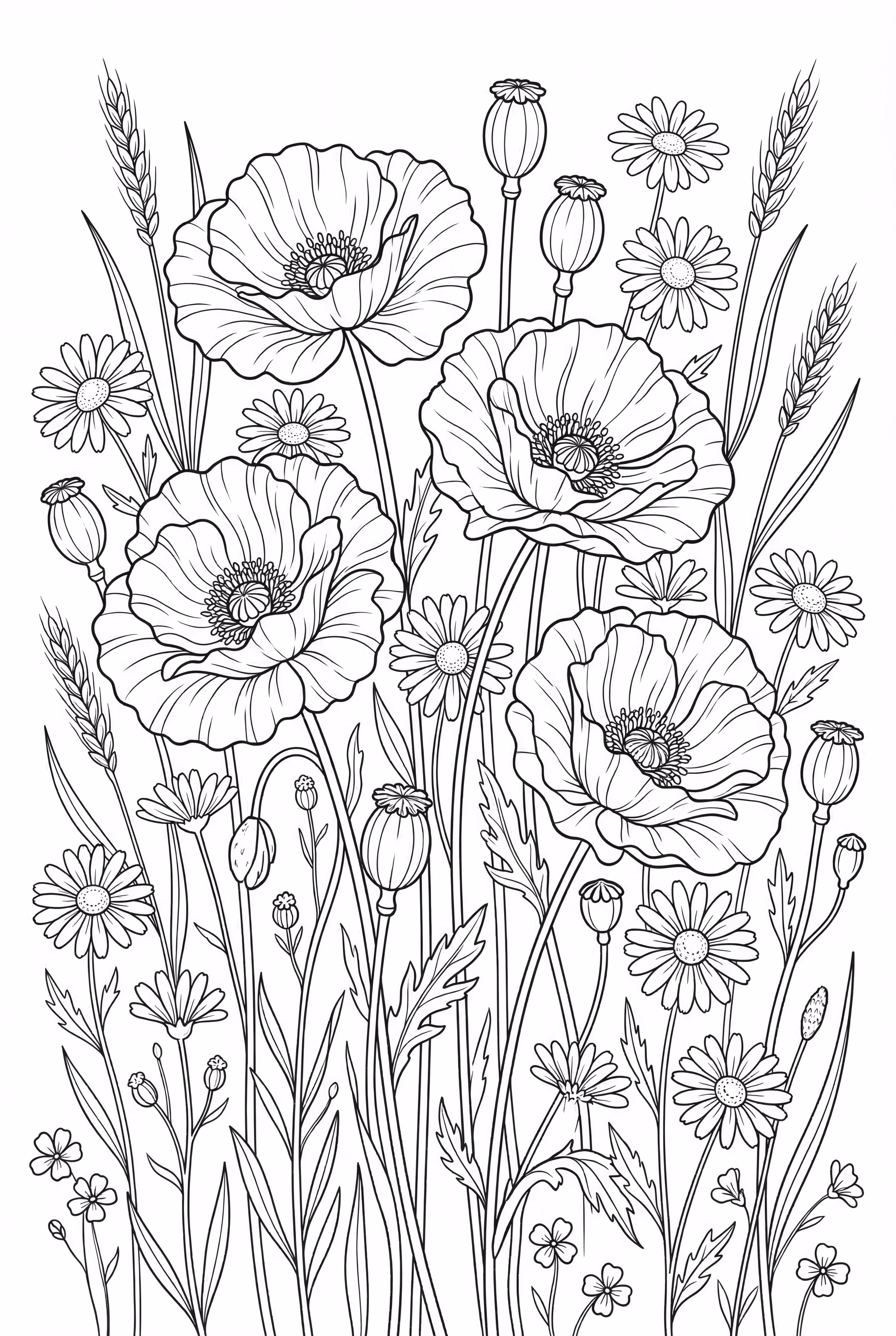 Prairie détaillée de coquelicots et de fleurs sauvages