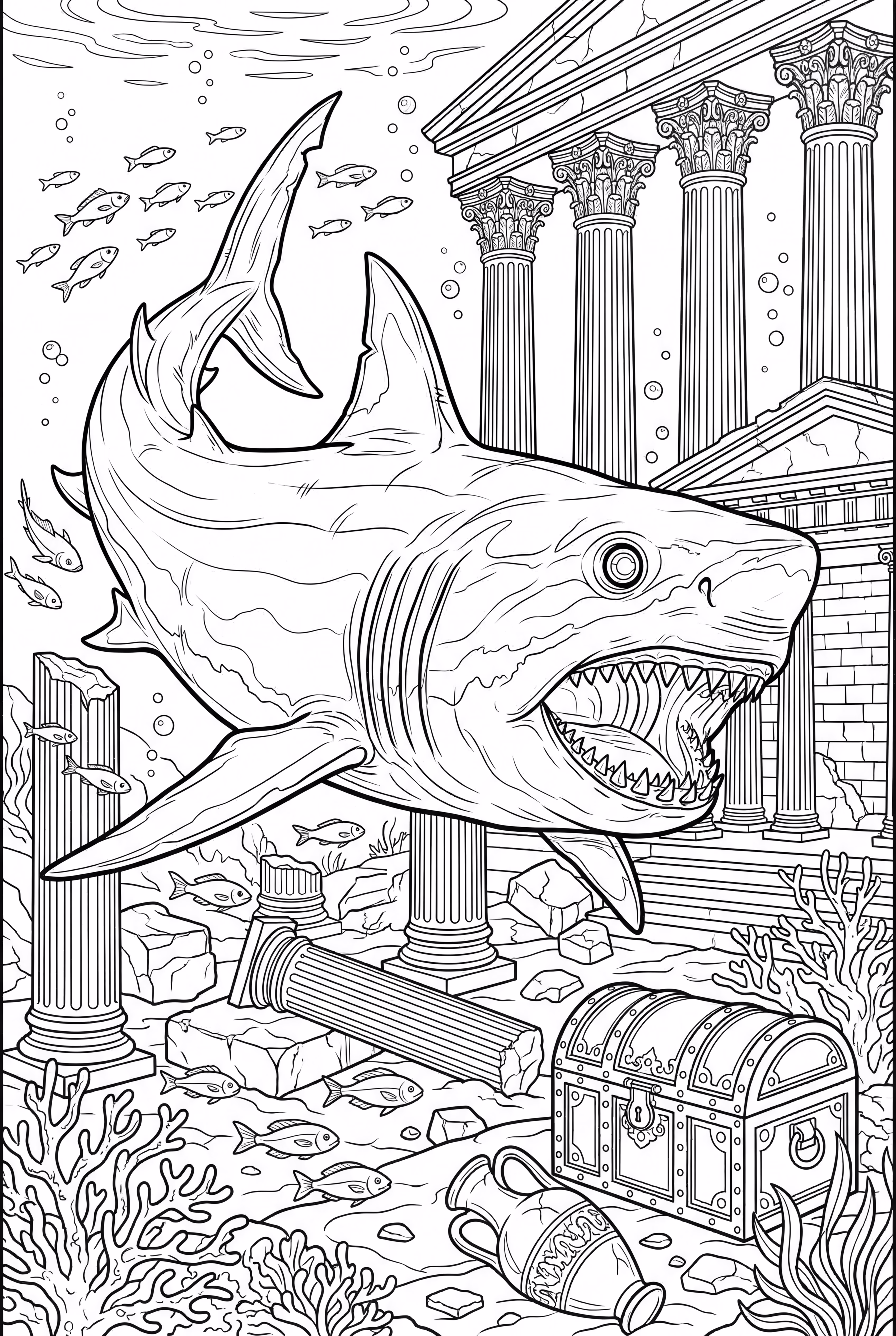 Mégalodon détaillé dans une cité engloutie