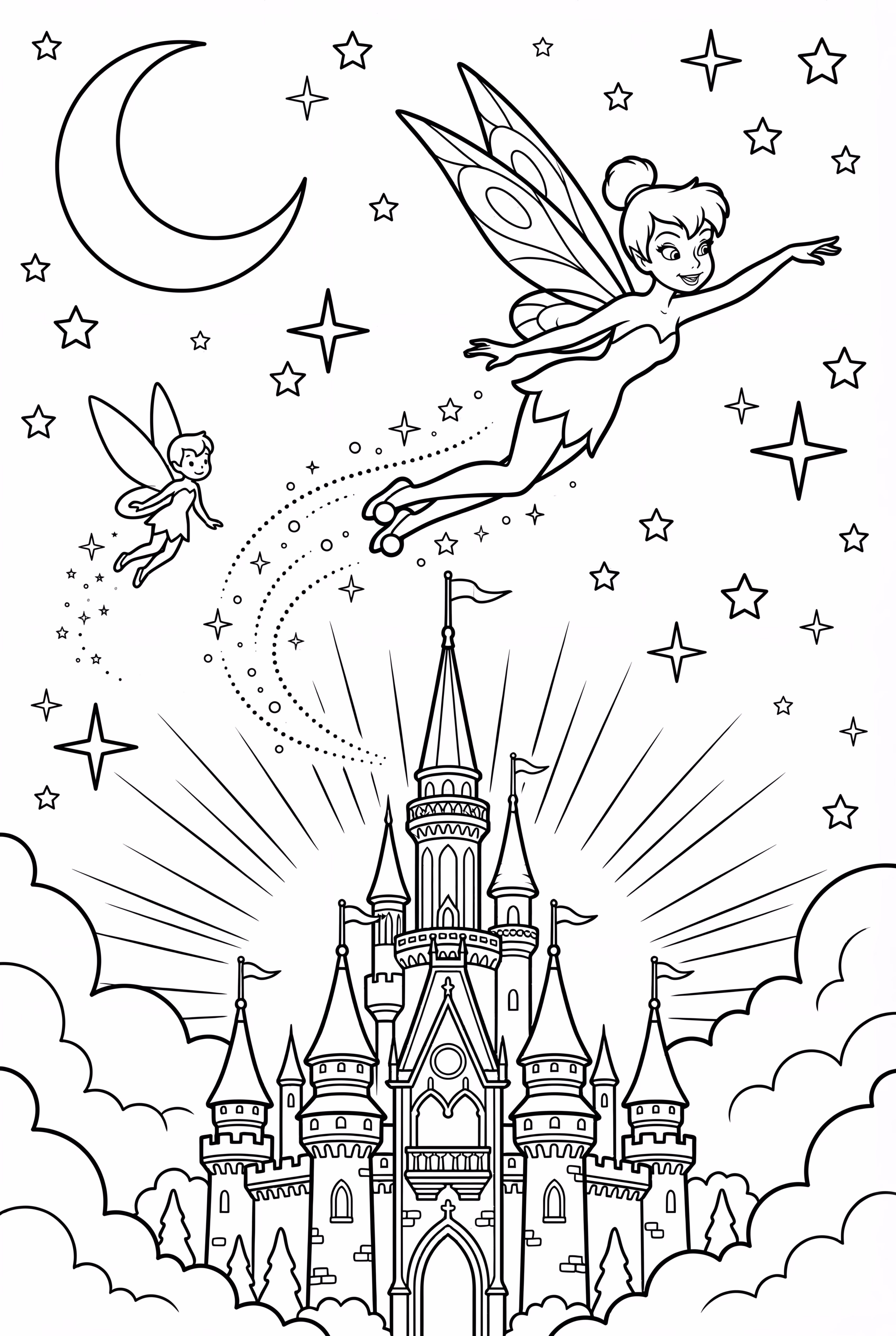 disney tinkerbell flying over a castle at night