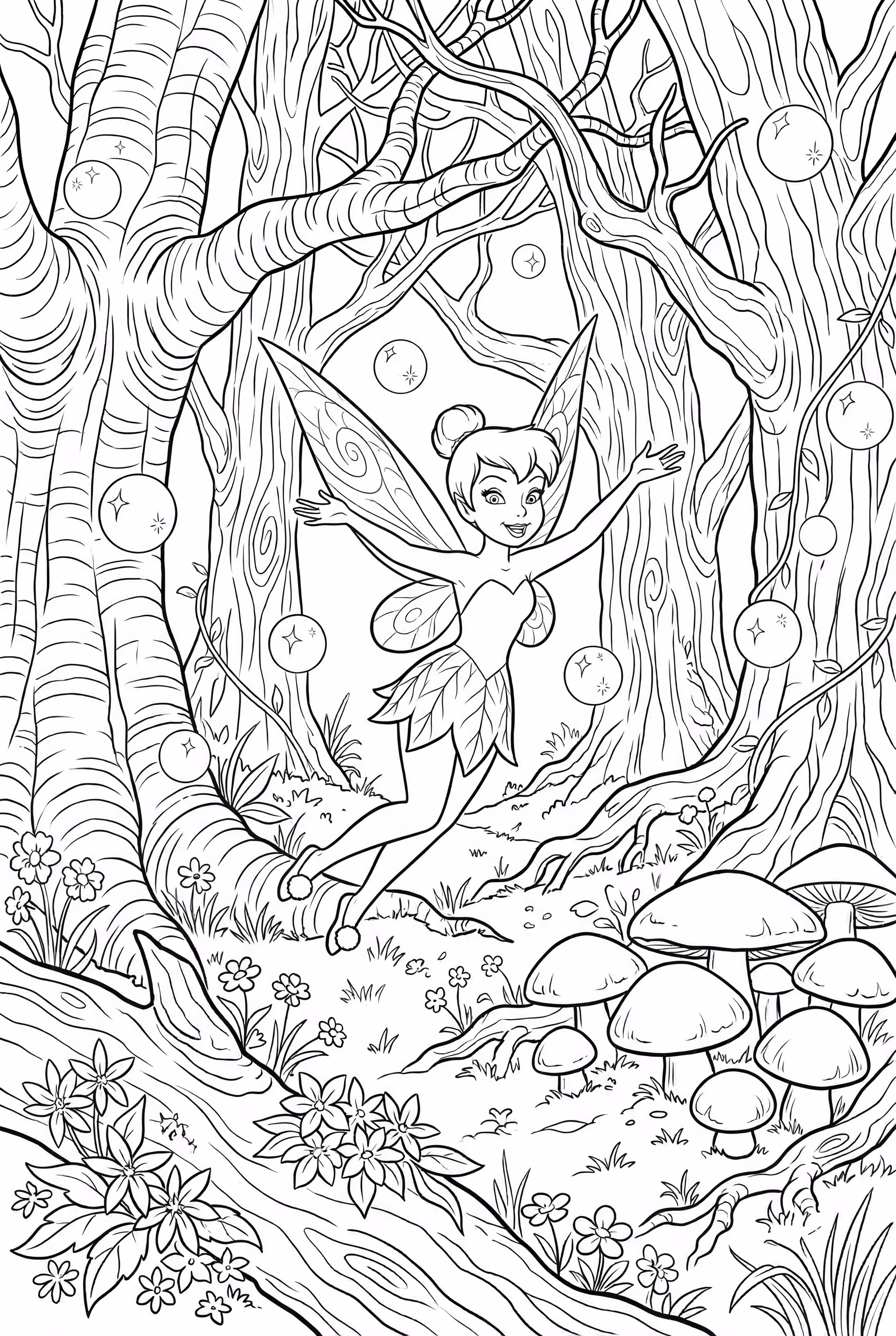 disney tinkerbell voando através de uma floresta mágica