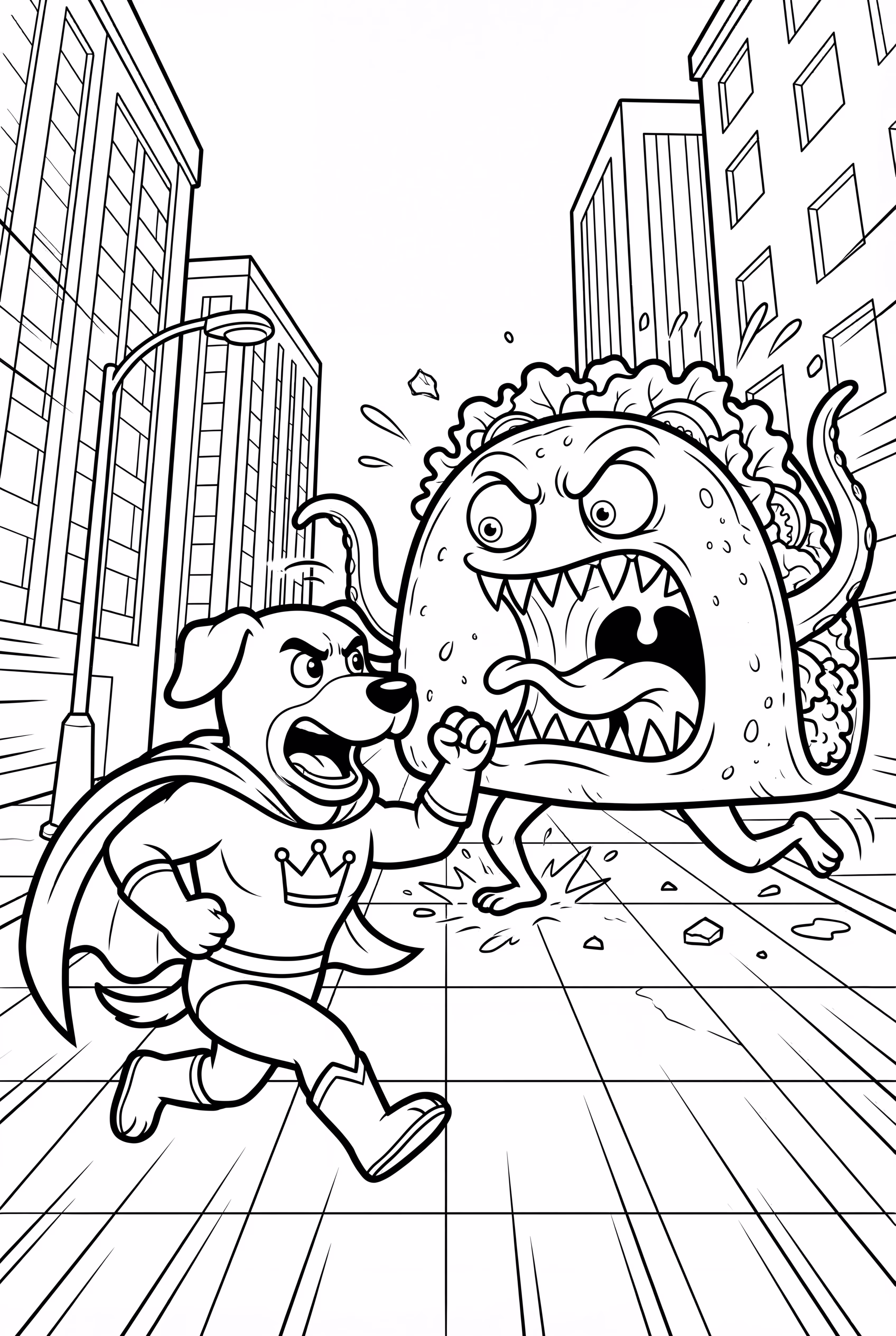 Dog Man Fighting A Giant Taco Monster