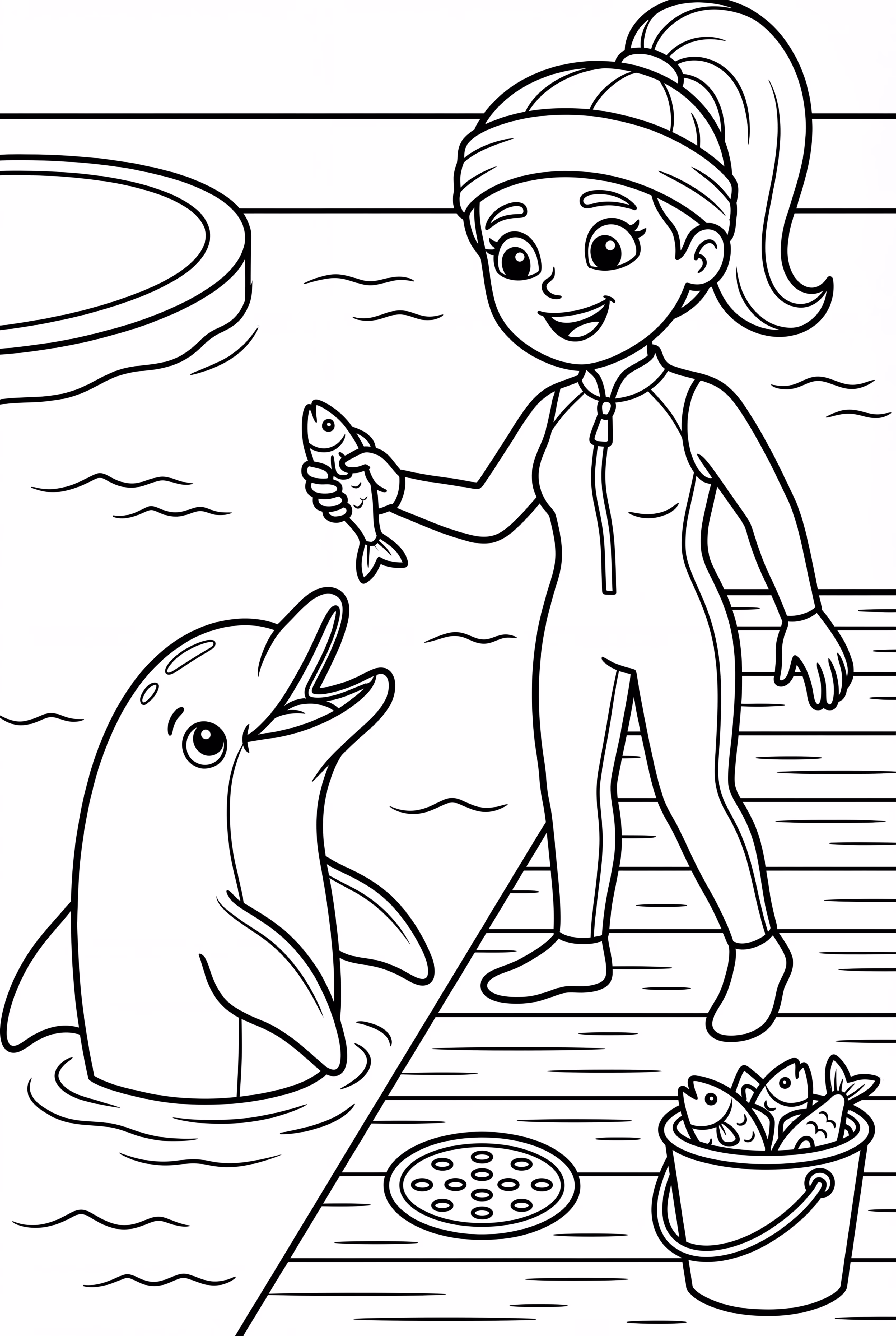 Entrenador de Delfines Alimentando a los Delfines