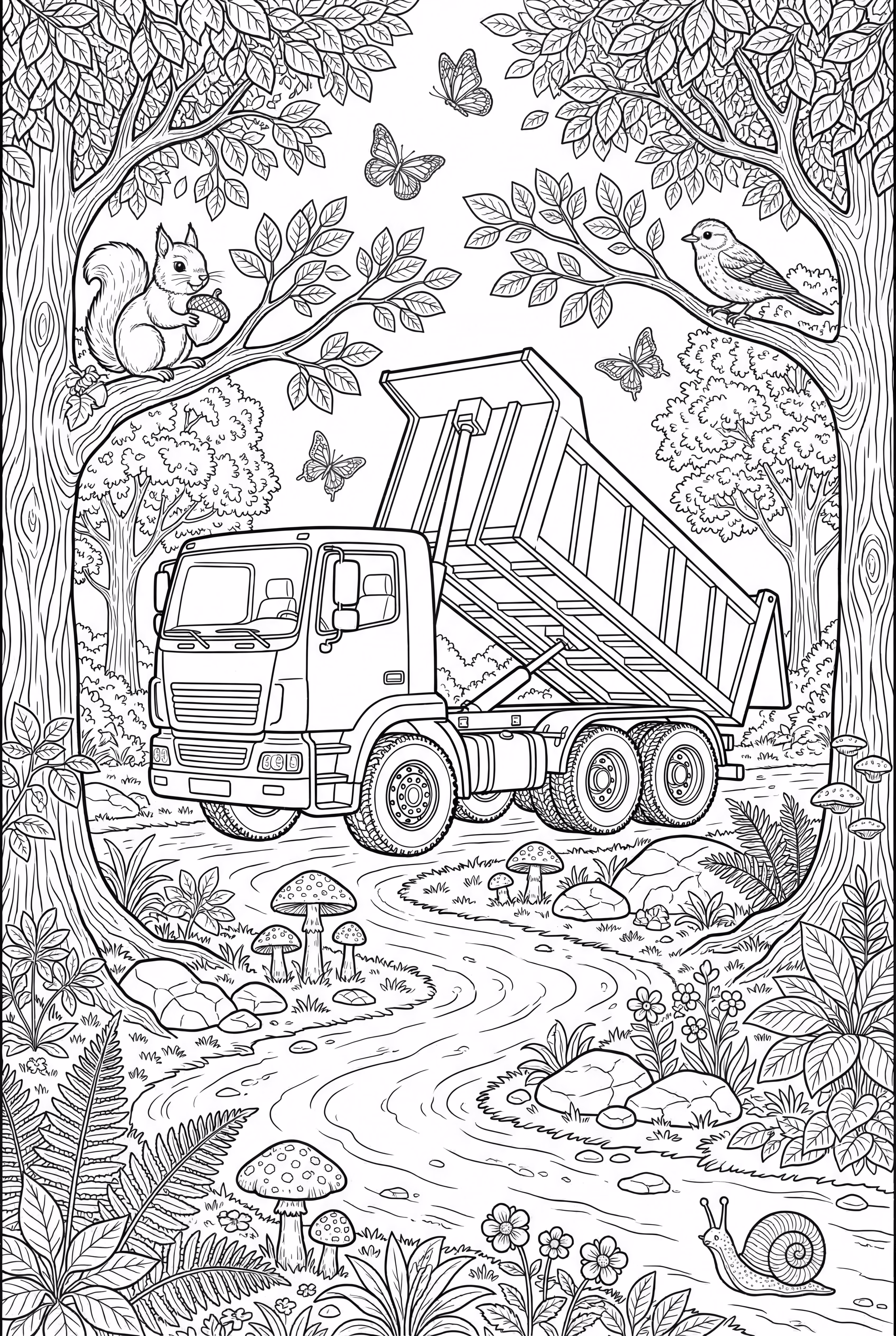 Camión Volquete en una Escena Detallada del Bosque