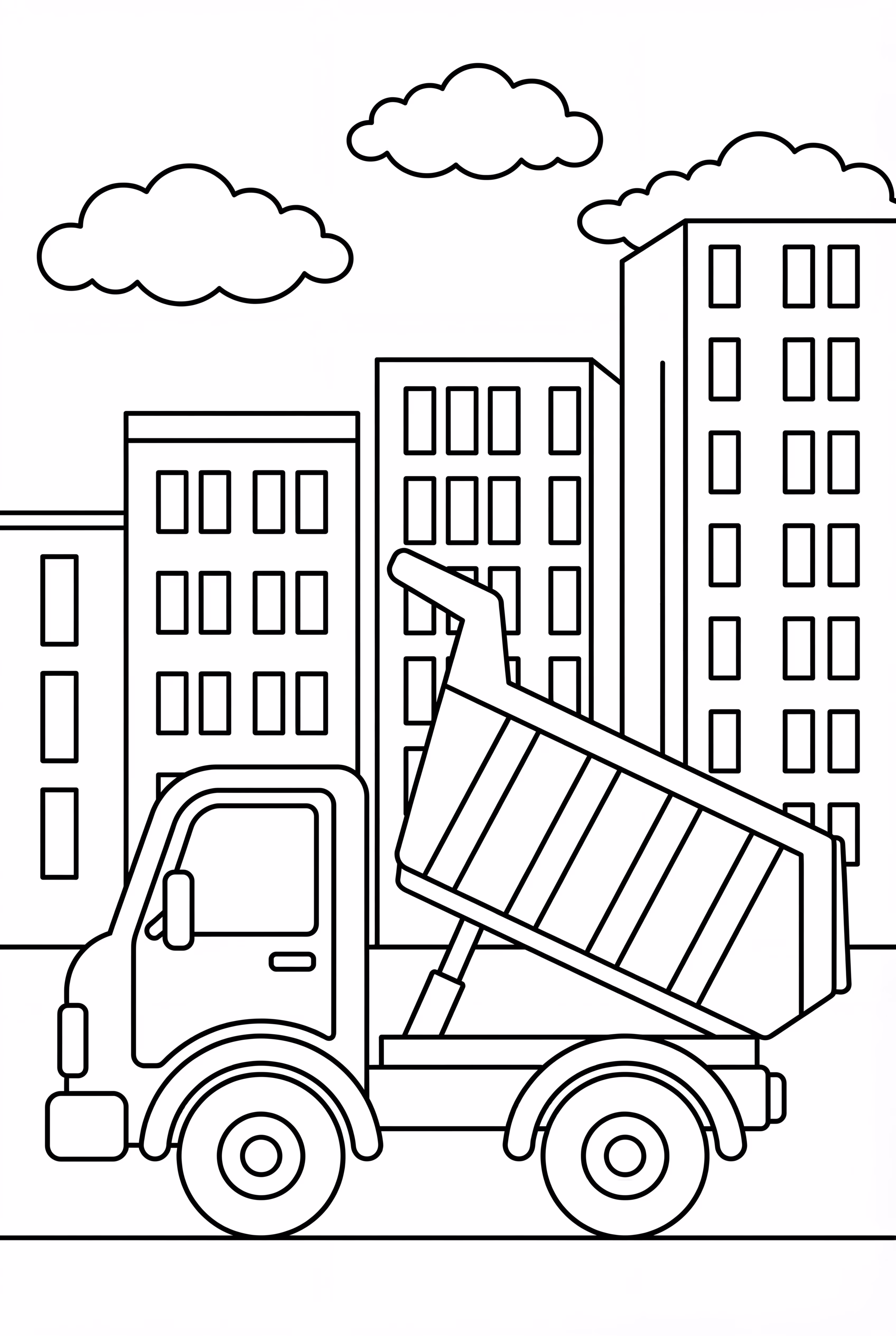 도시 풍경 앞 덤프 트럭