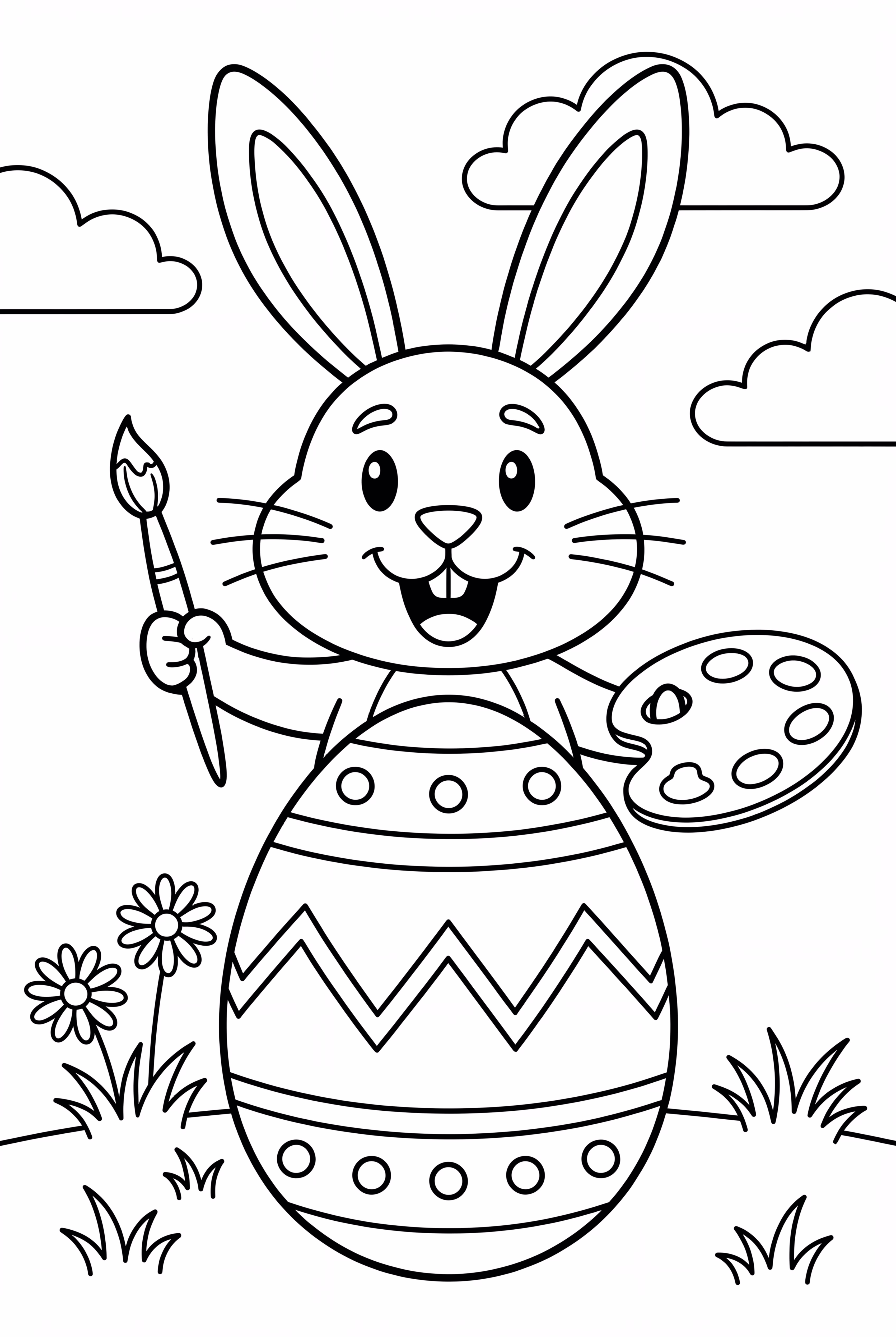 부활절 토끼가 거대한 달걀을 꾸미는 그림