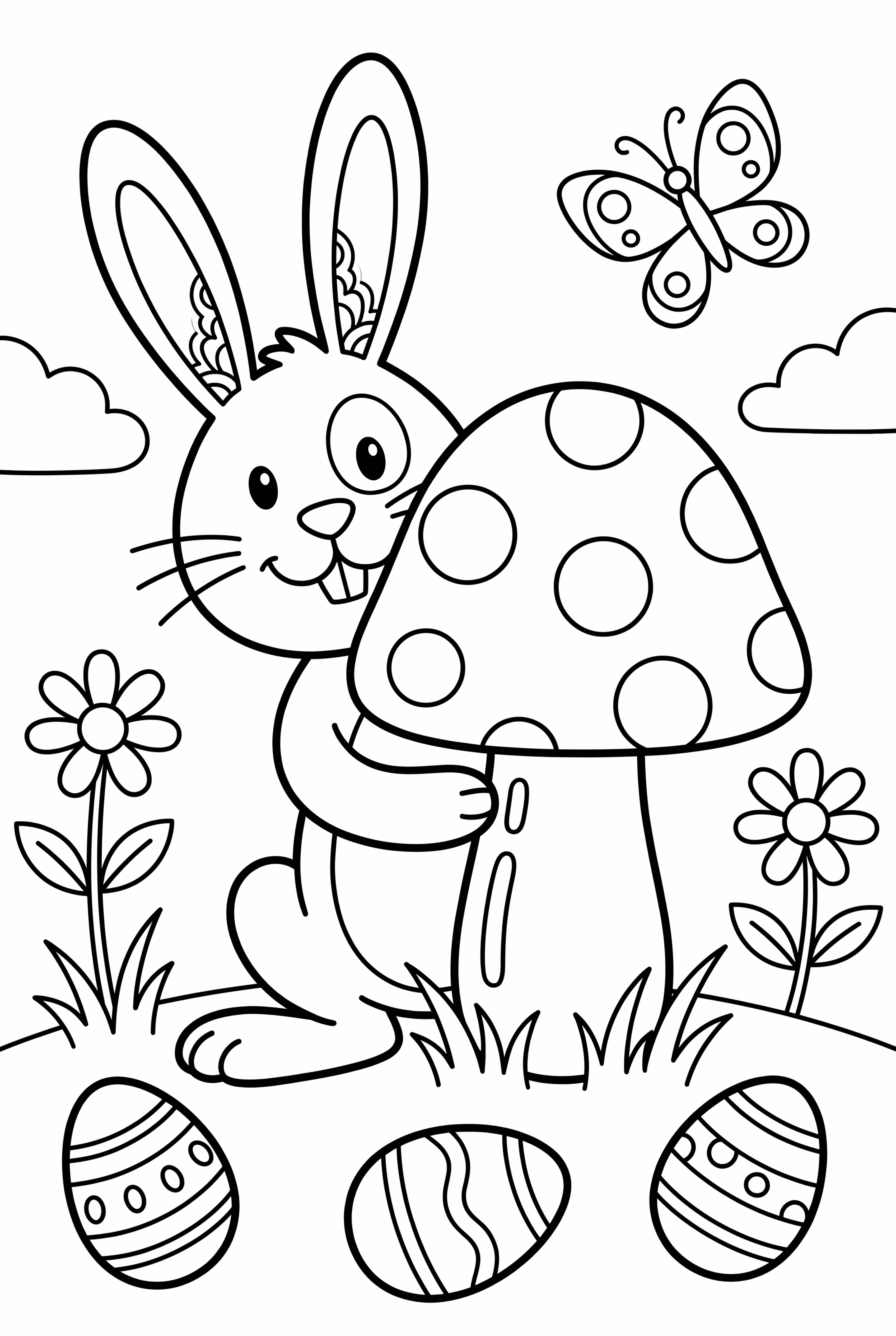 大きなキノコの後ろに隠れたイースターのウサギ