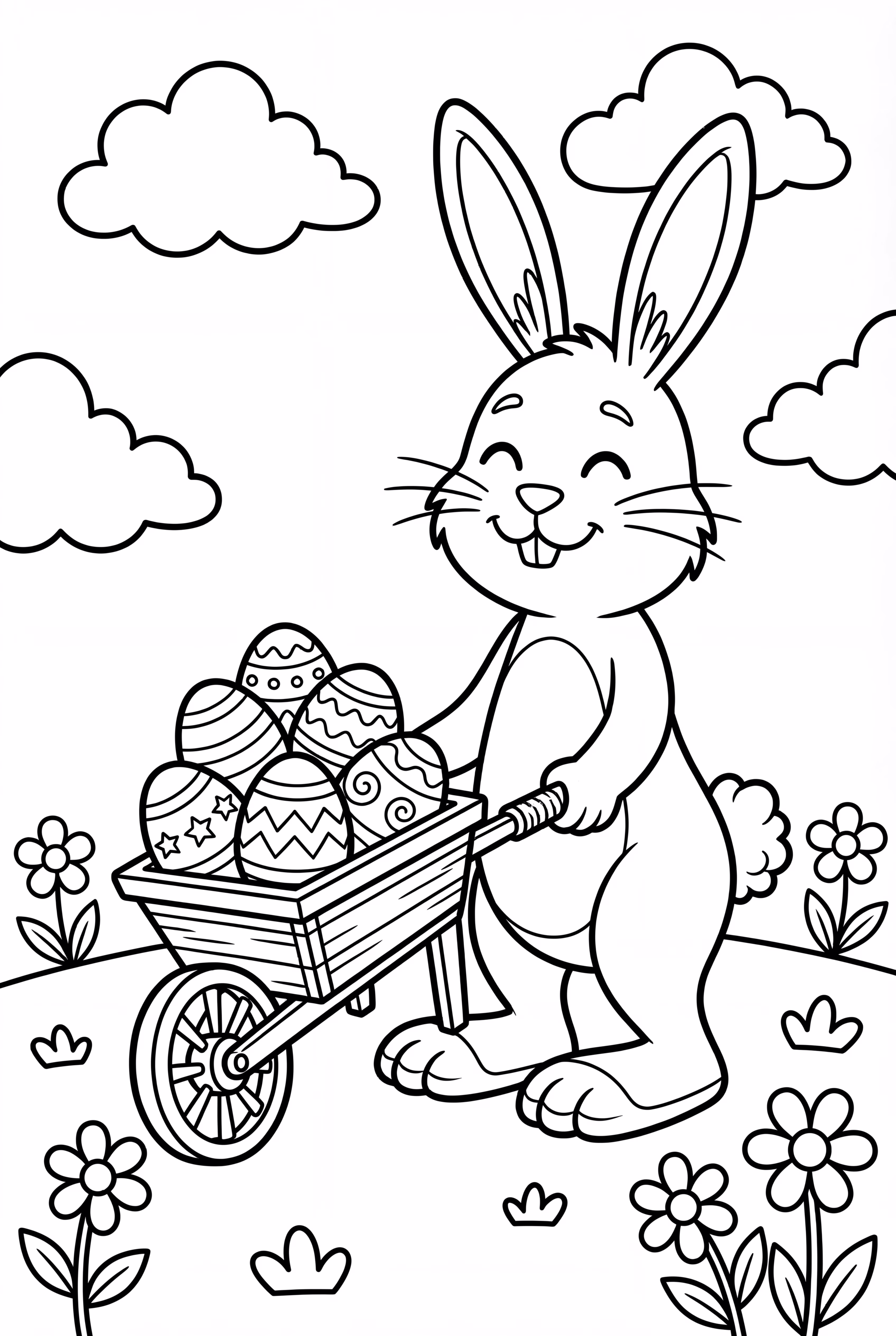 Osterhase mit einer Schubkarre voller Eier