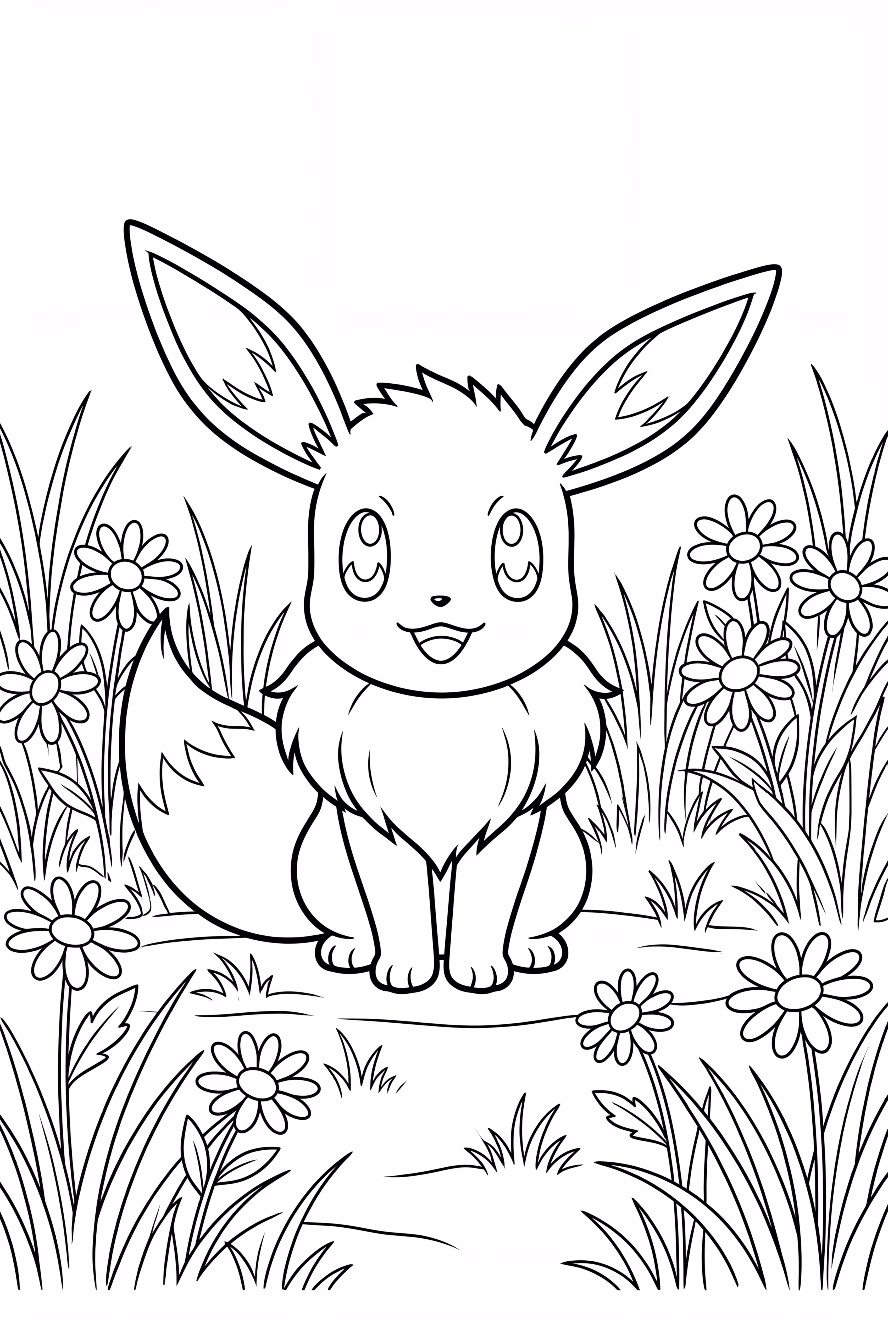 Eevee tomando el sol en un campo de flores