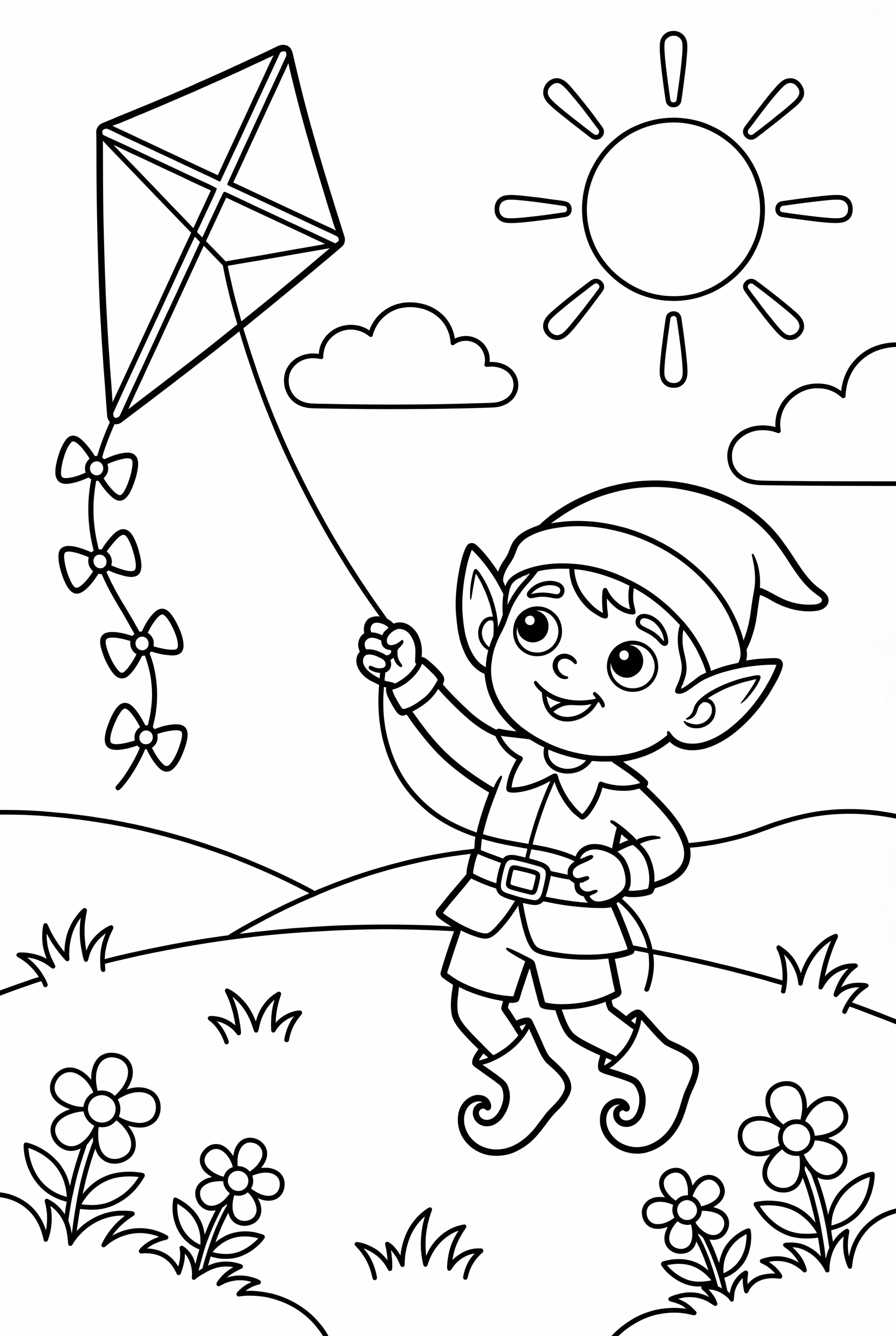 Elfo volando una cometa en un prado