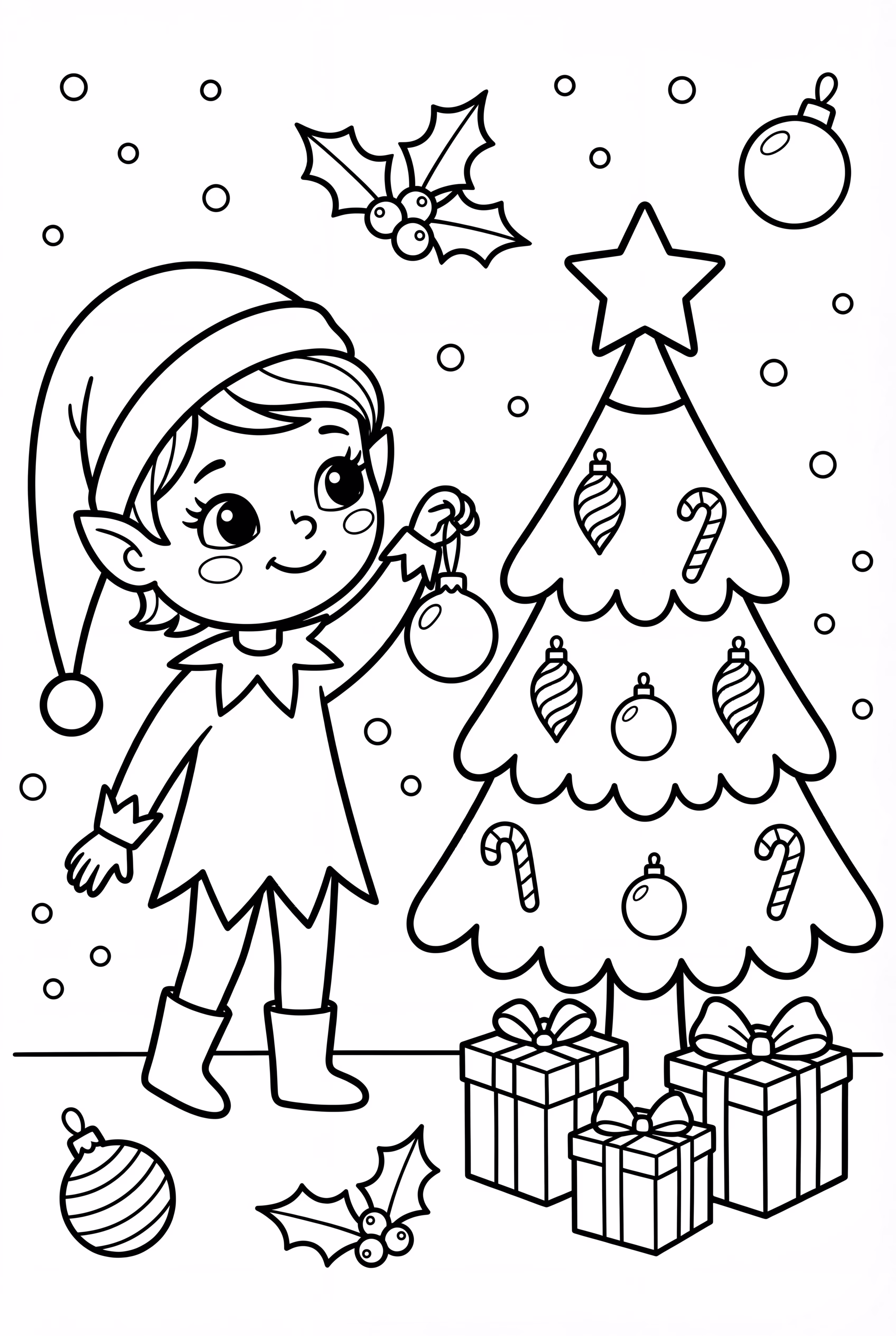 Elf am Regal schmückt einen Weihnachtsbaum