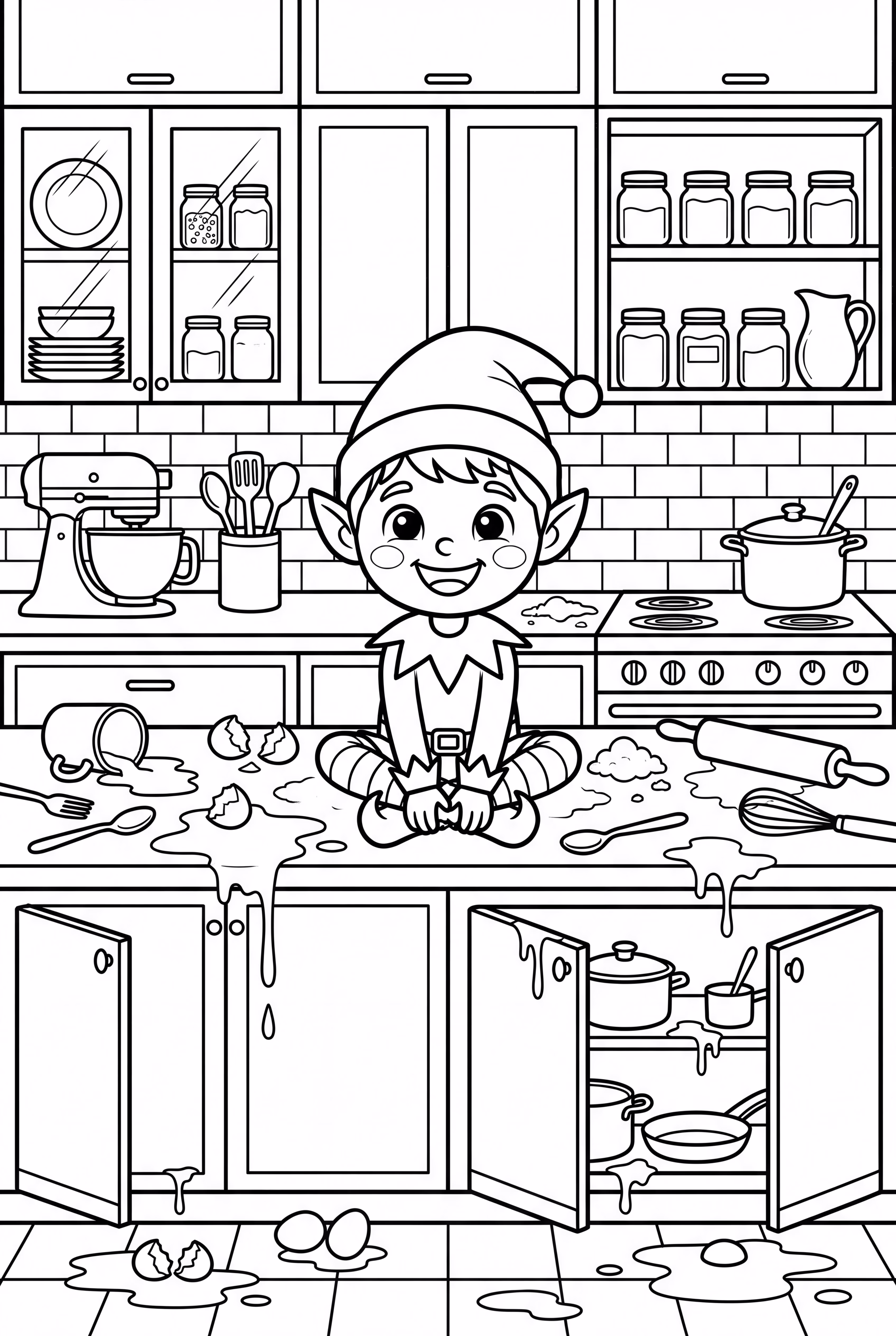 Elf auf dem Regal in einer Küche, der Chaos verursacht