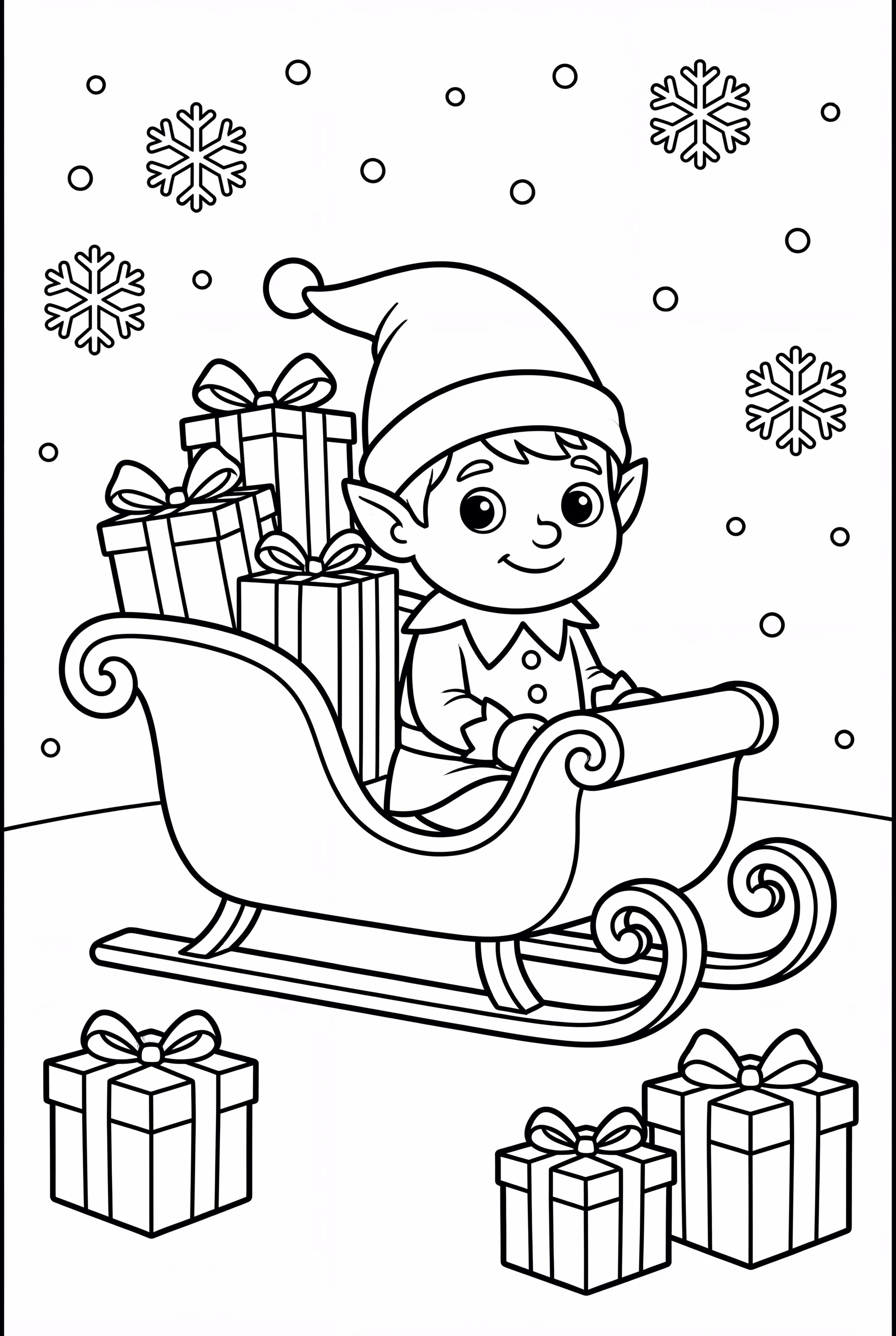 Elf auf dem Regal im Schlitten voller Geschenke