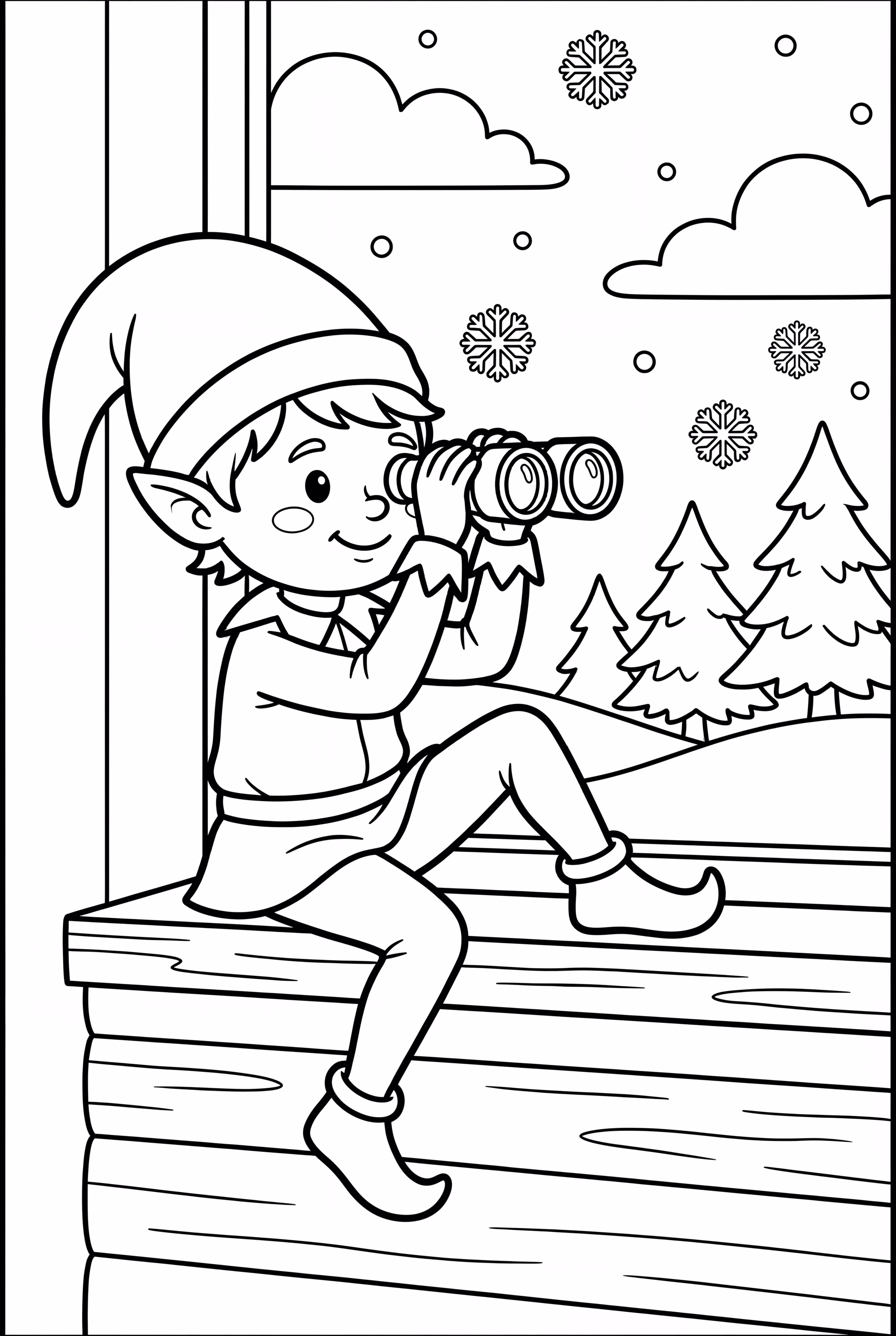 Elf auf dem Regal schaut durch ein Fernglas