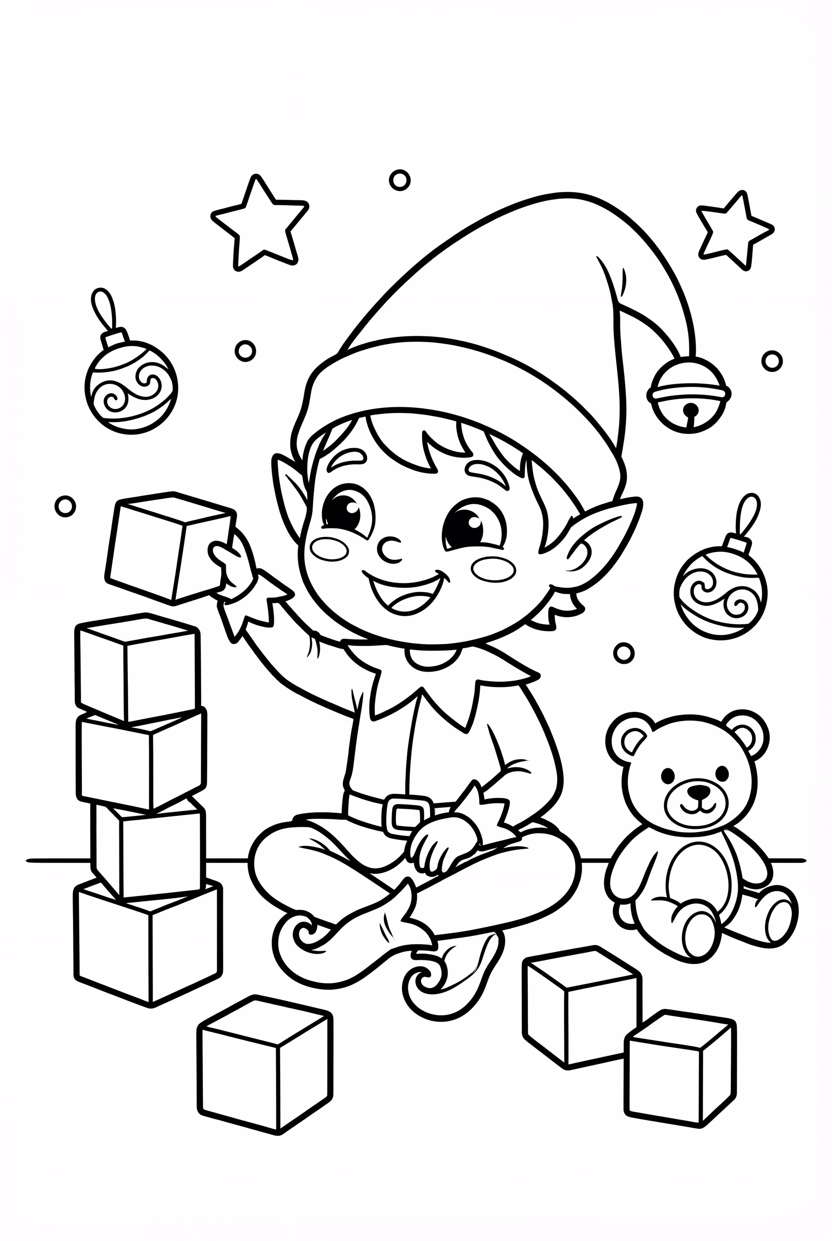 Elf auf dem Regal spielt mit Bausteinen