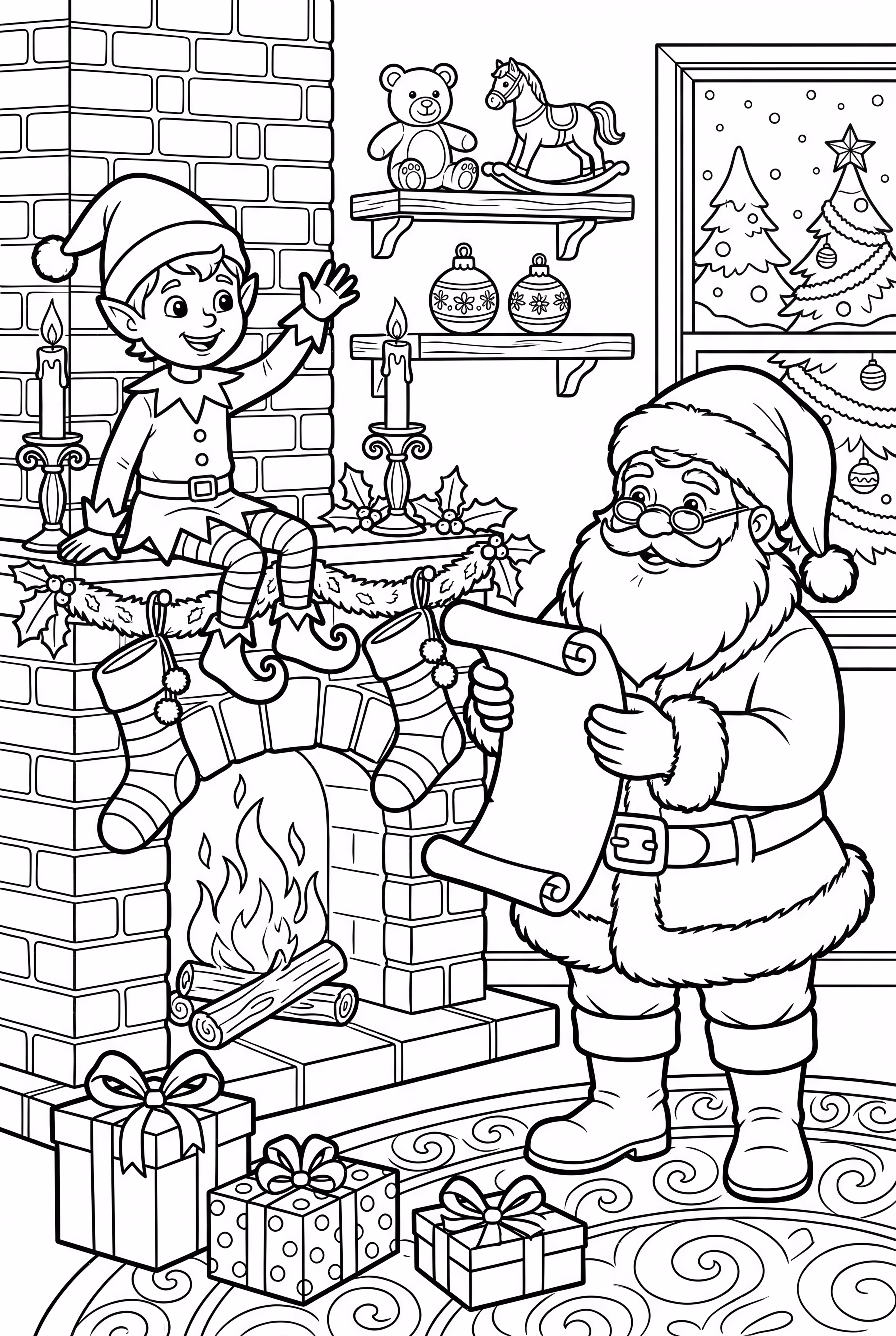 Elf auf dem Regal berichtet dem Weihnachtsmann am Kamin