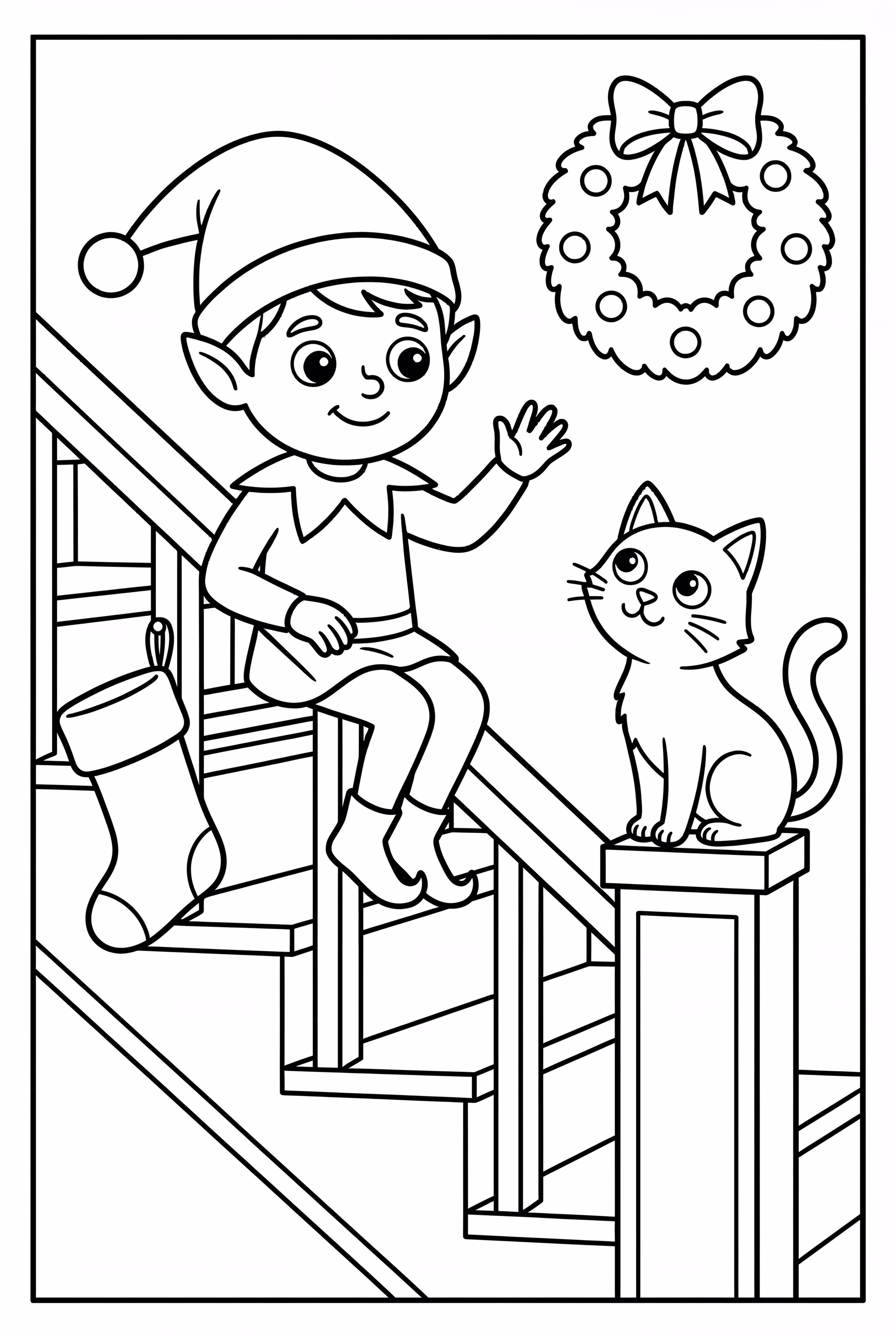 Elf auf dem Kaminsims mit einer neugierigen Katze