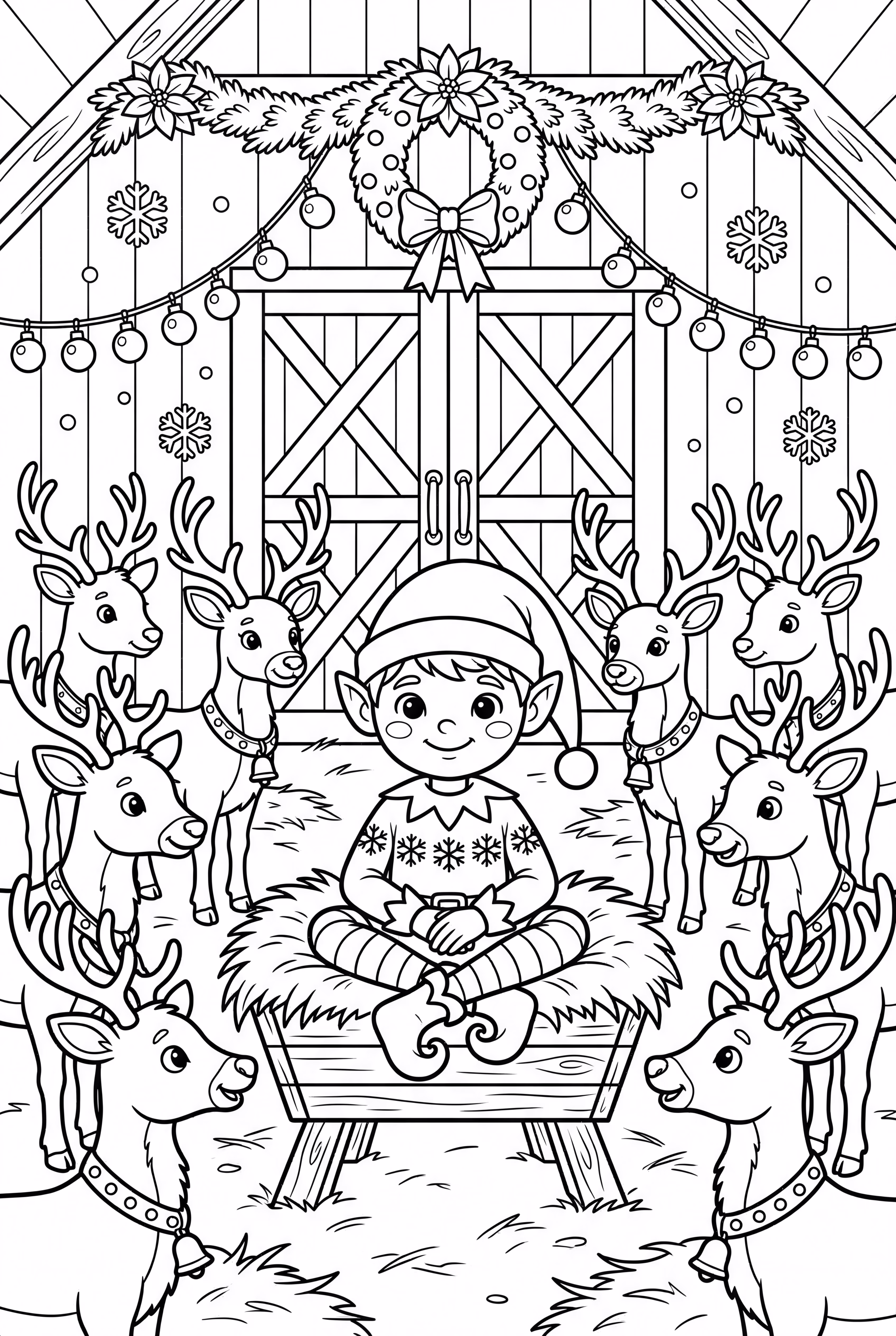 Elf im Regal mit allen Rentieren im Stall