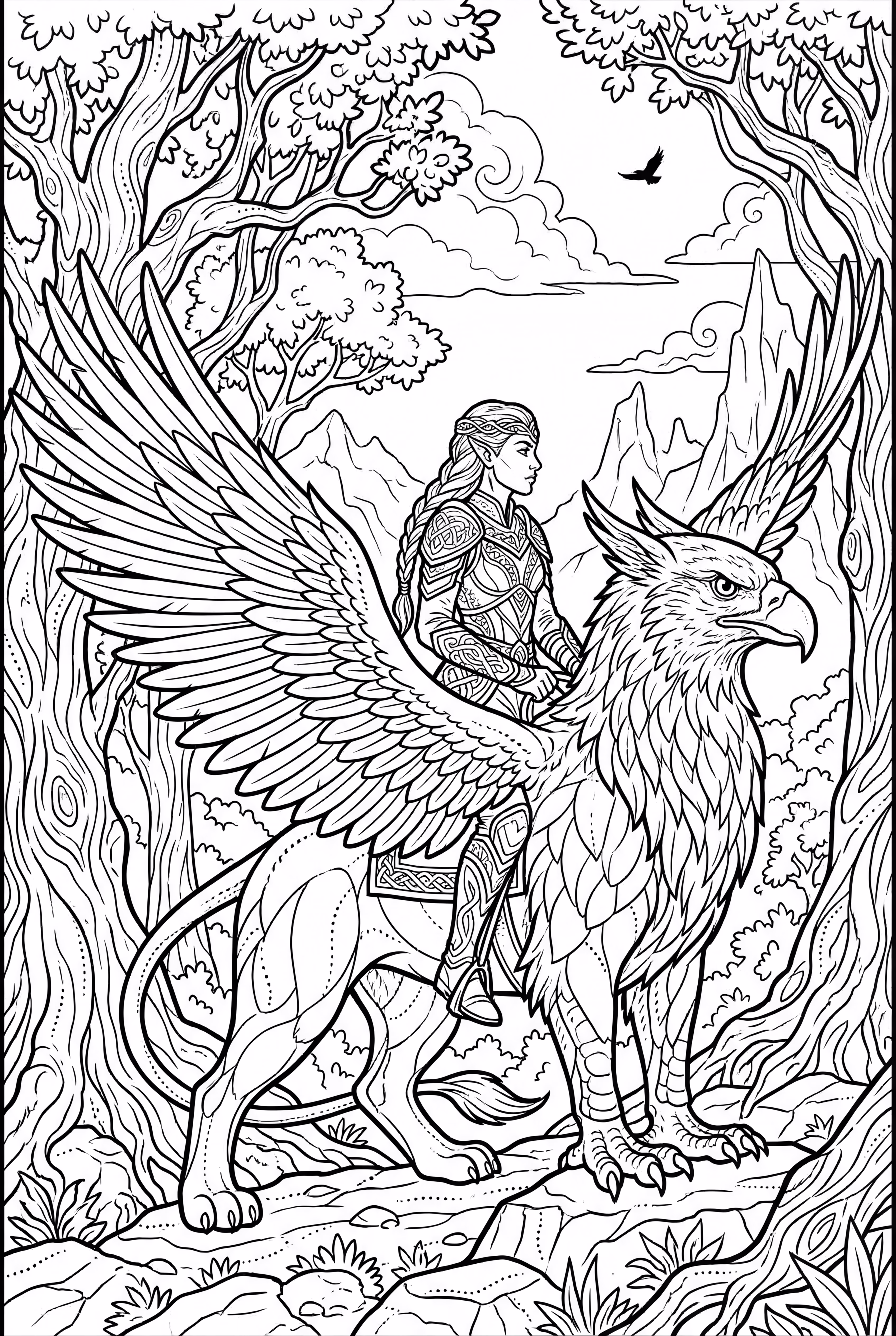 Elfo montando un majestuoso grifo alado