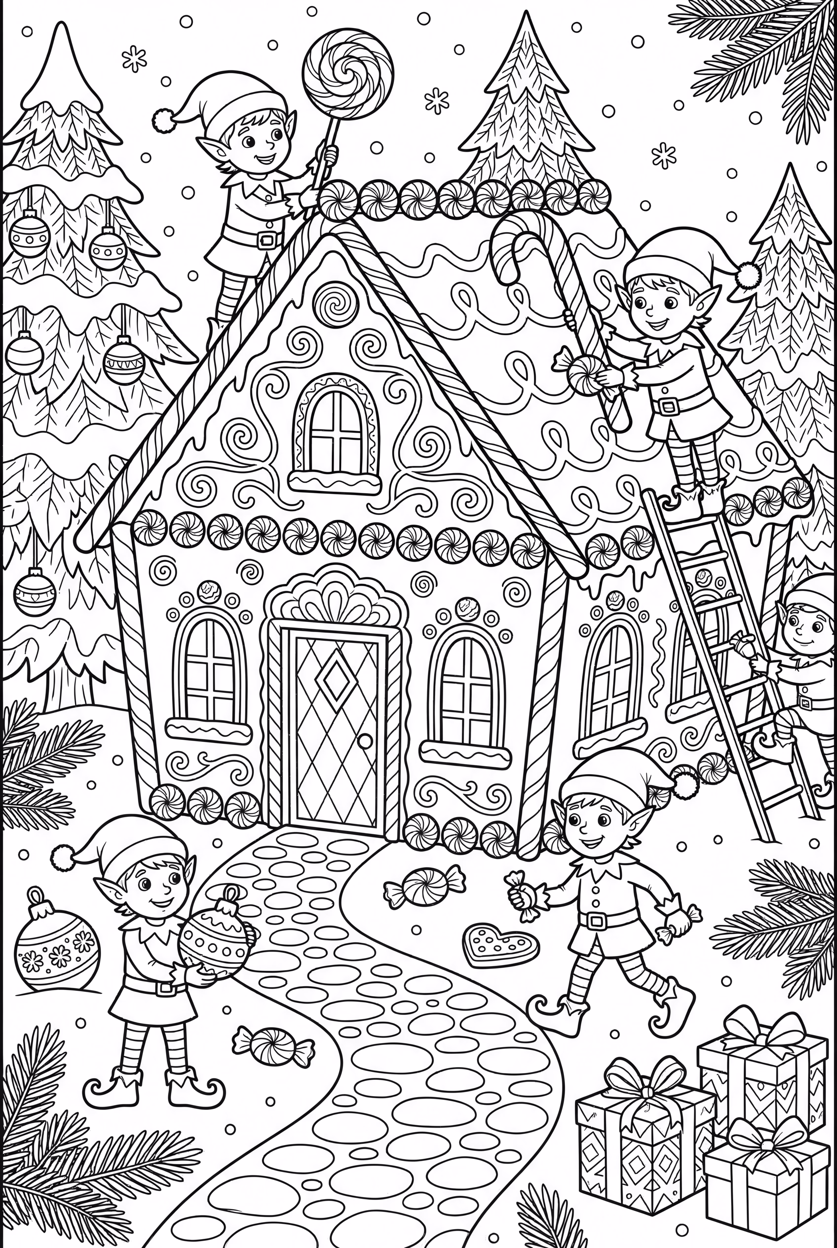 Des lutins construisant une maison en pain d'épice