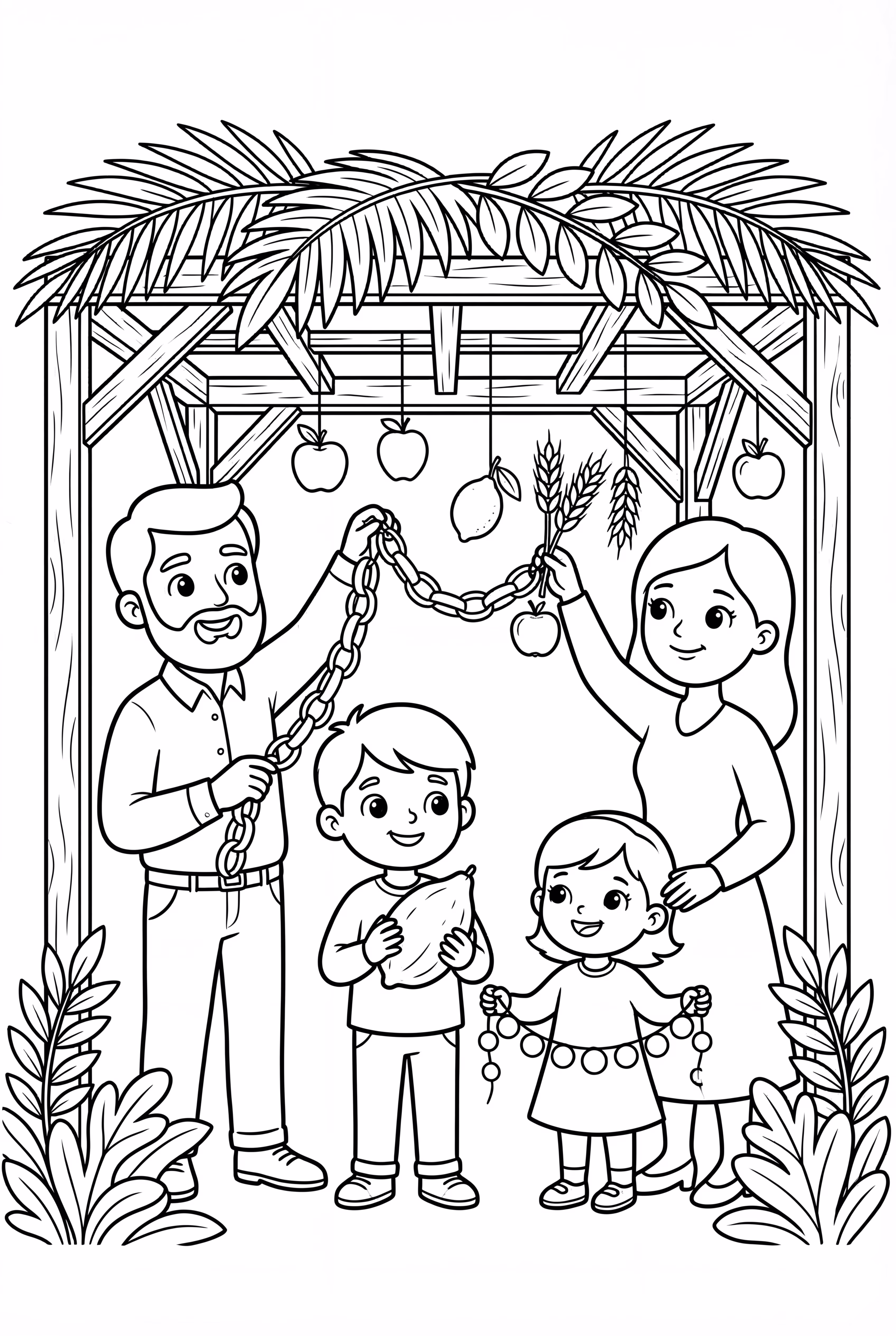 Family Decorating The Sukkot Sukkah