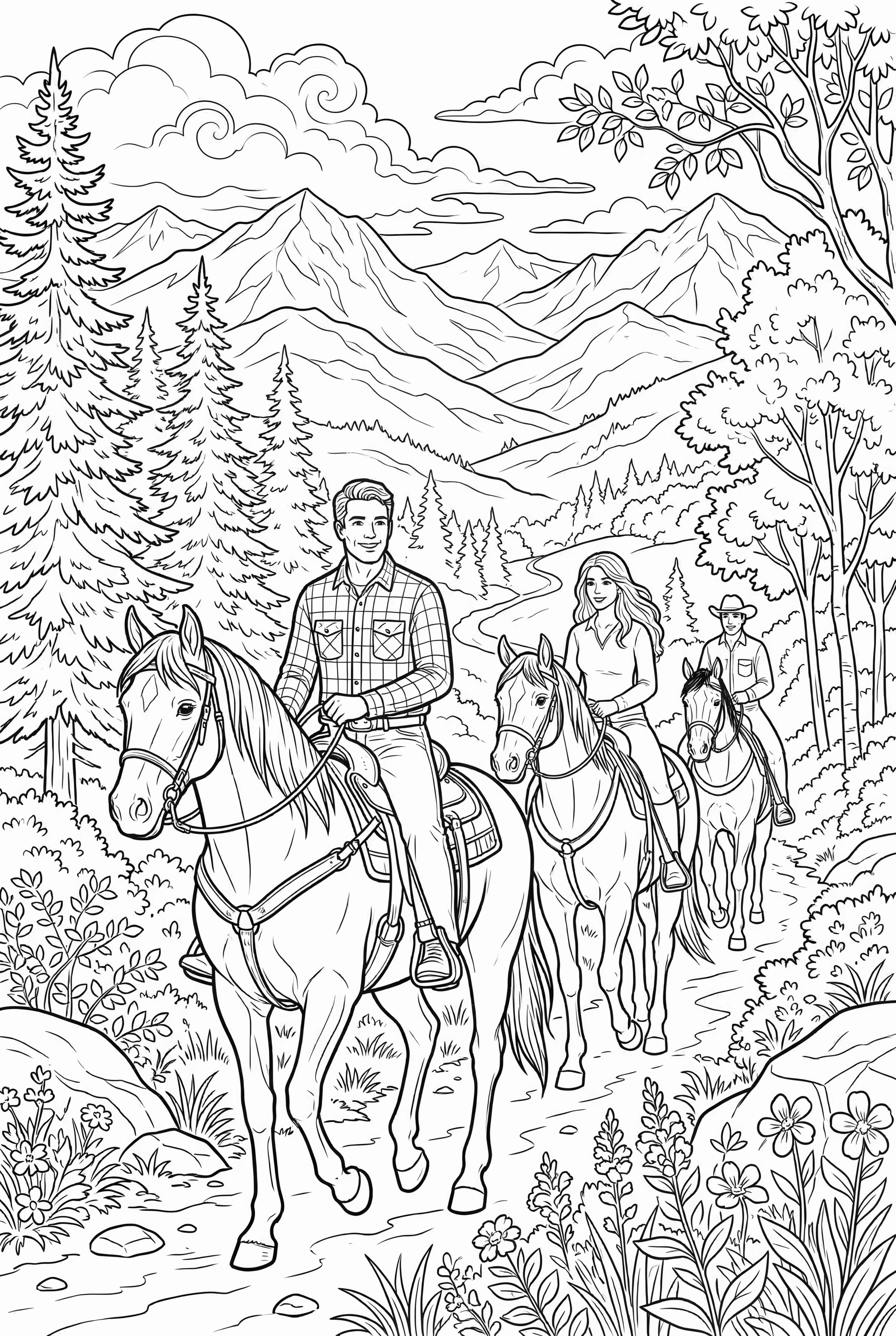 Familia montando caballos en un sendero