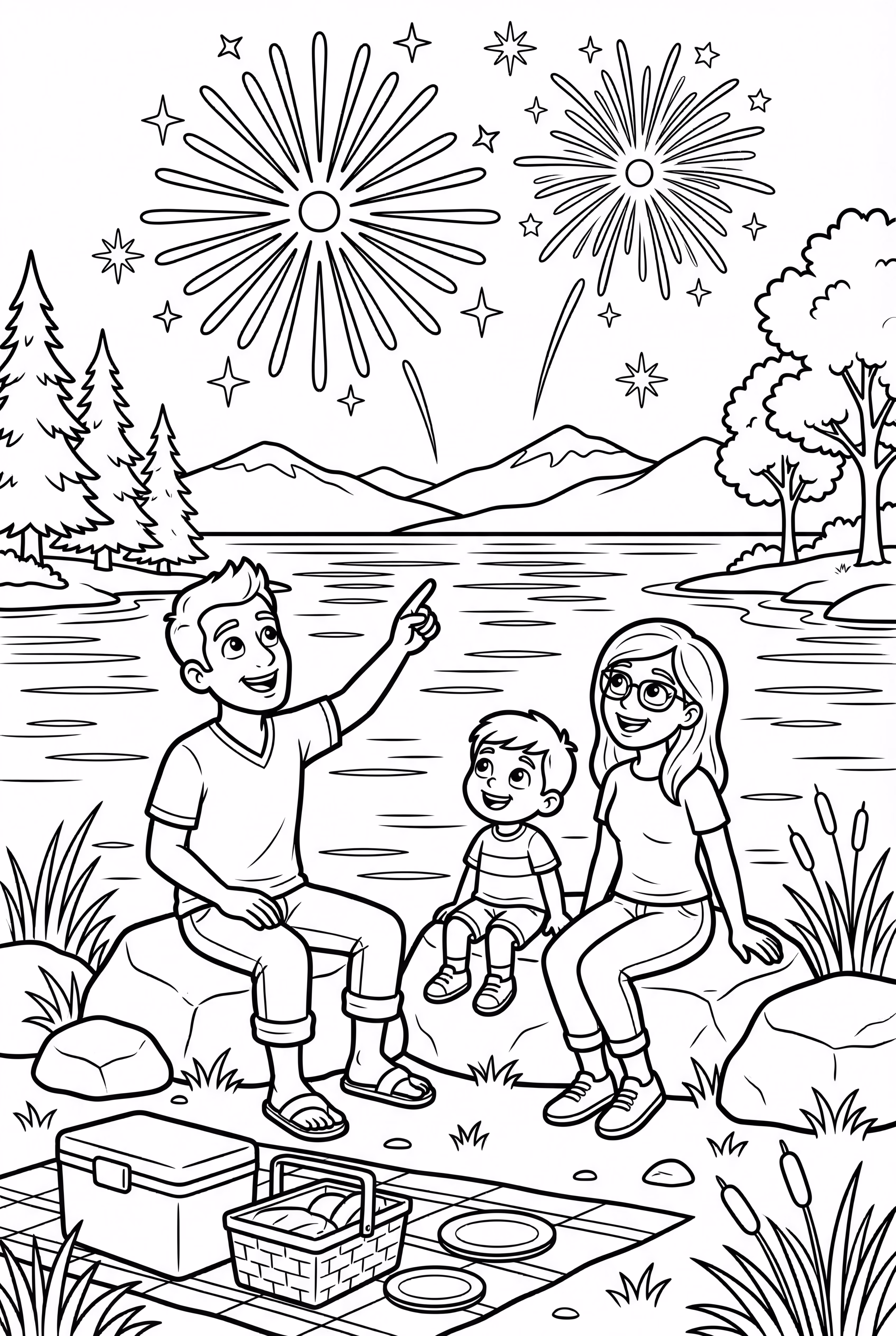 Family Watching Fireworks by the Lake-2