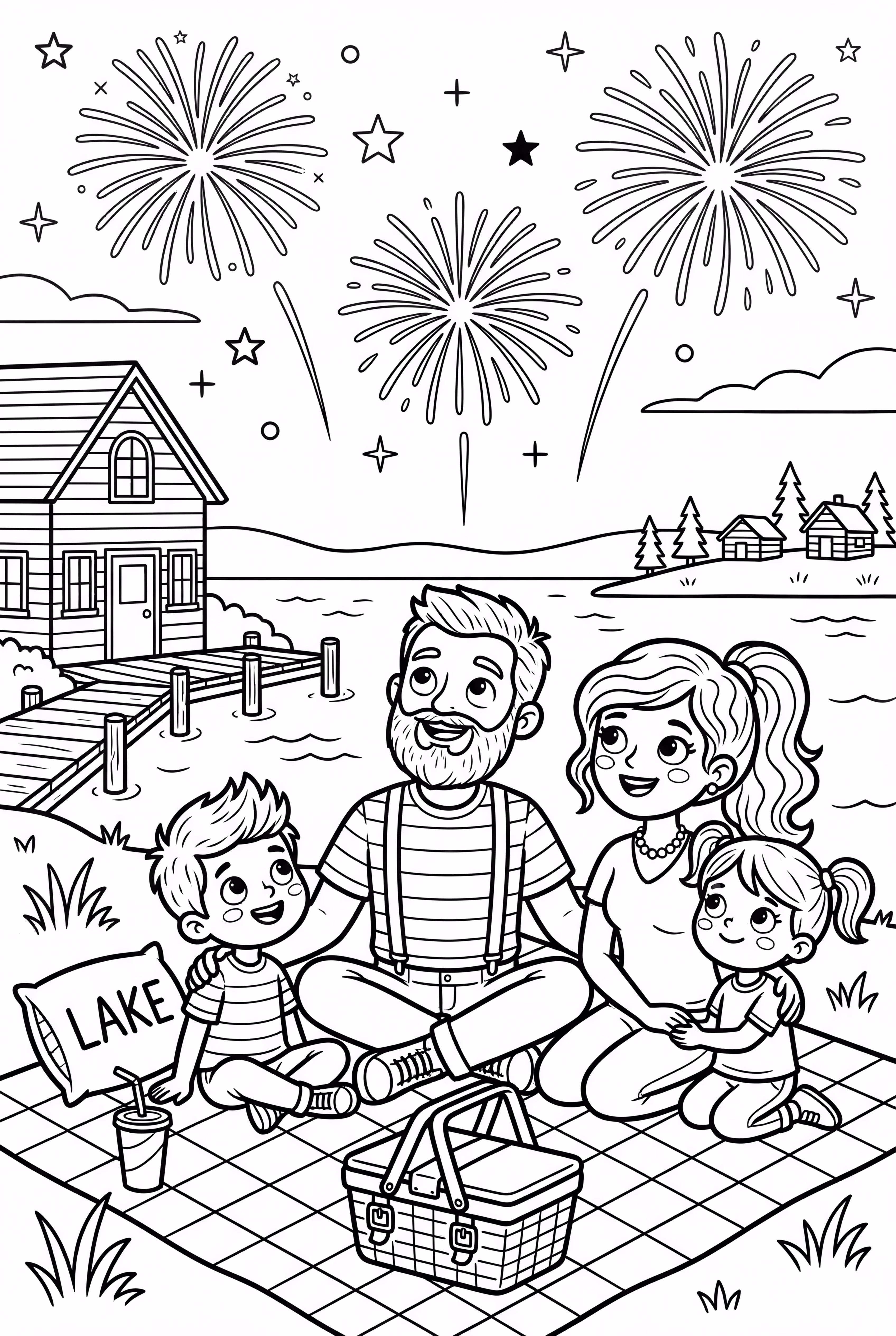 Family Watching Fireworks by the Lake