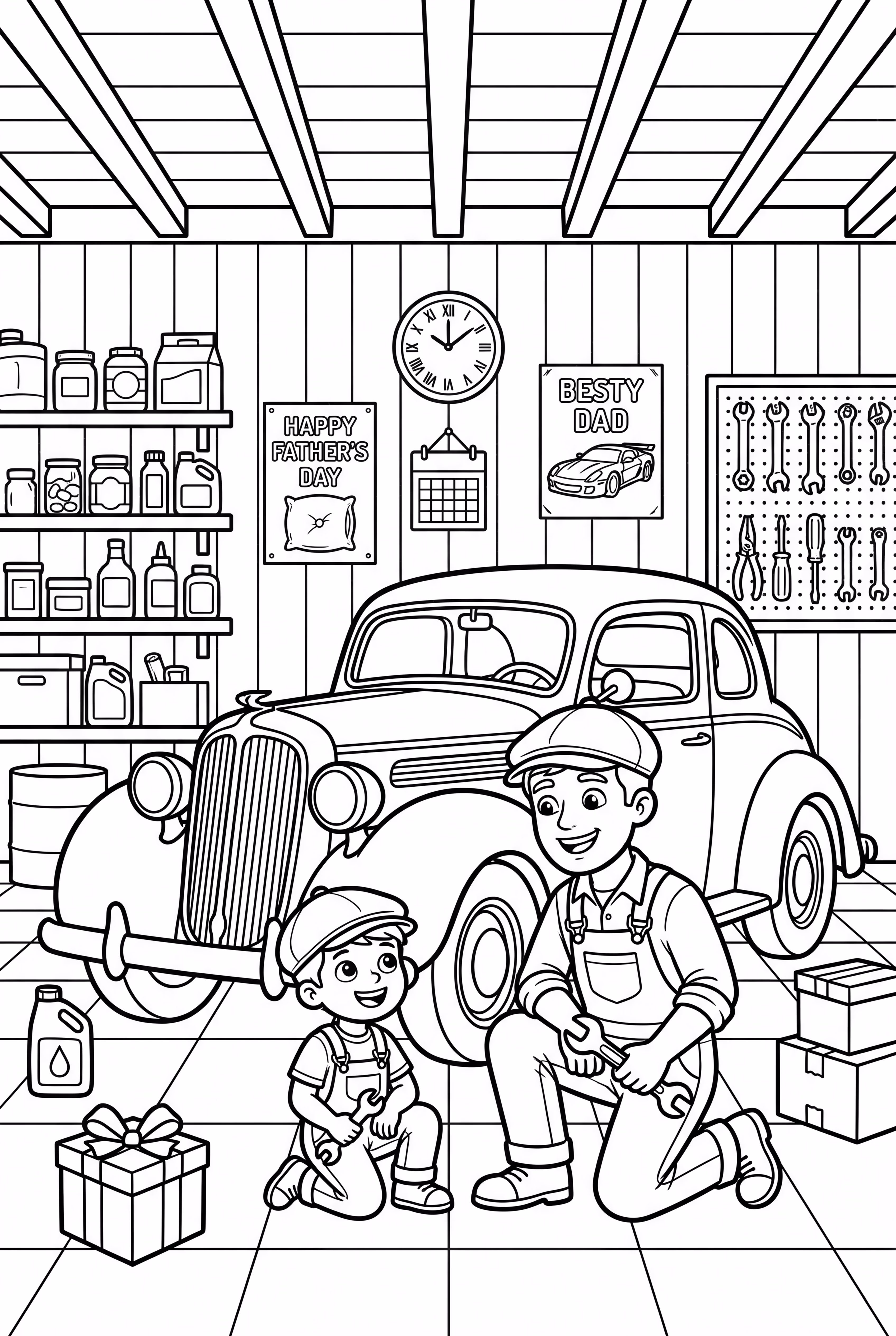 Fathers Day Garage Scene With Classic Car