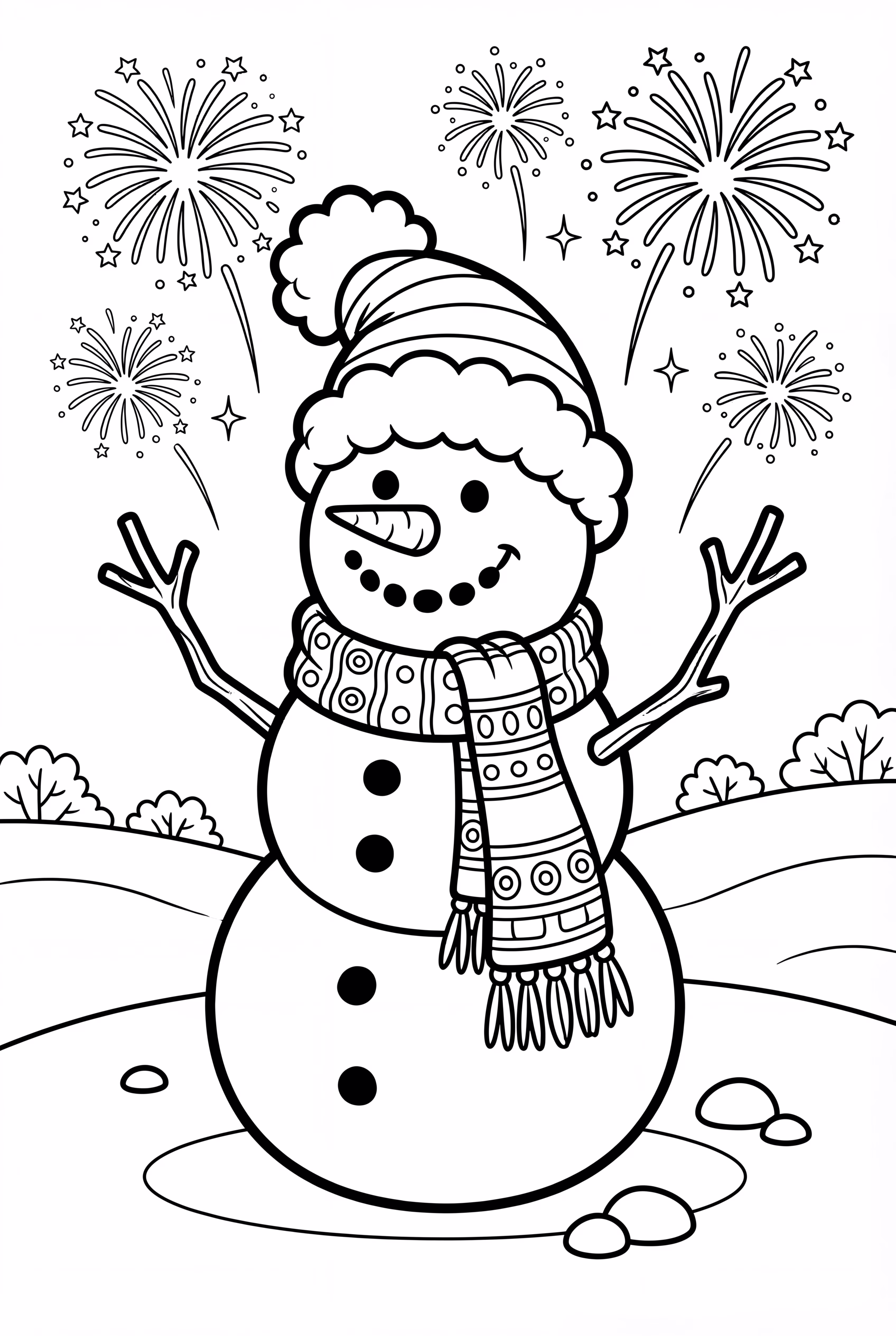 Fireworks and a Snowman in a Festive Scene