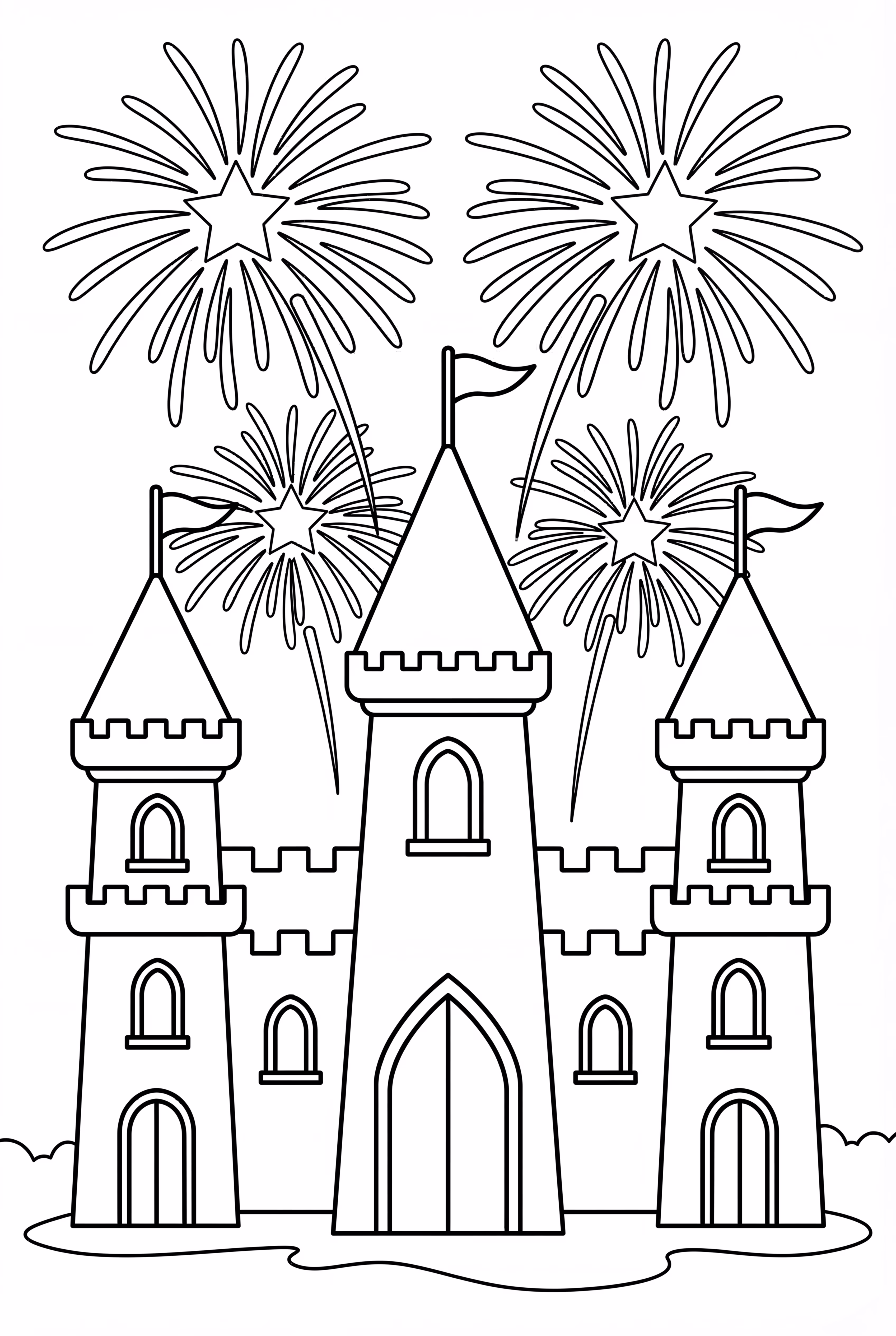 Feuerwerk hinter einem Zeichentrickschloss