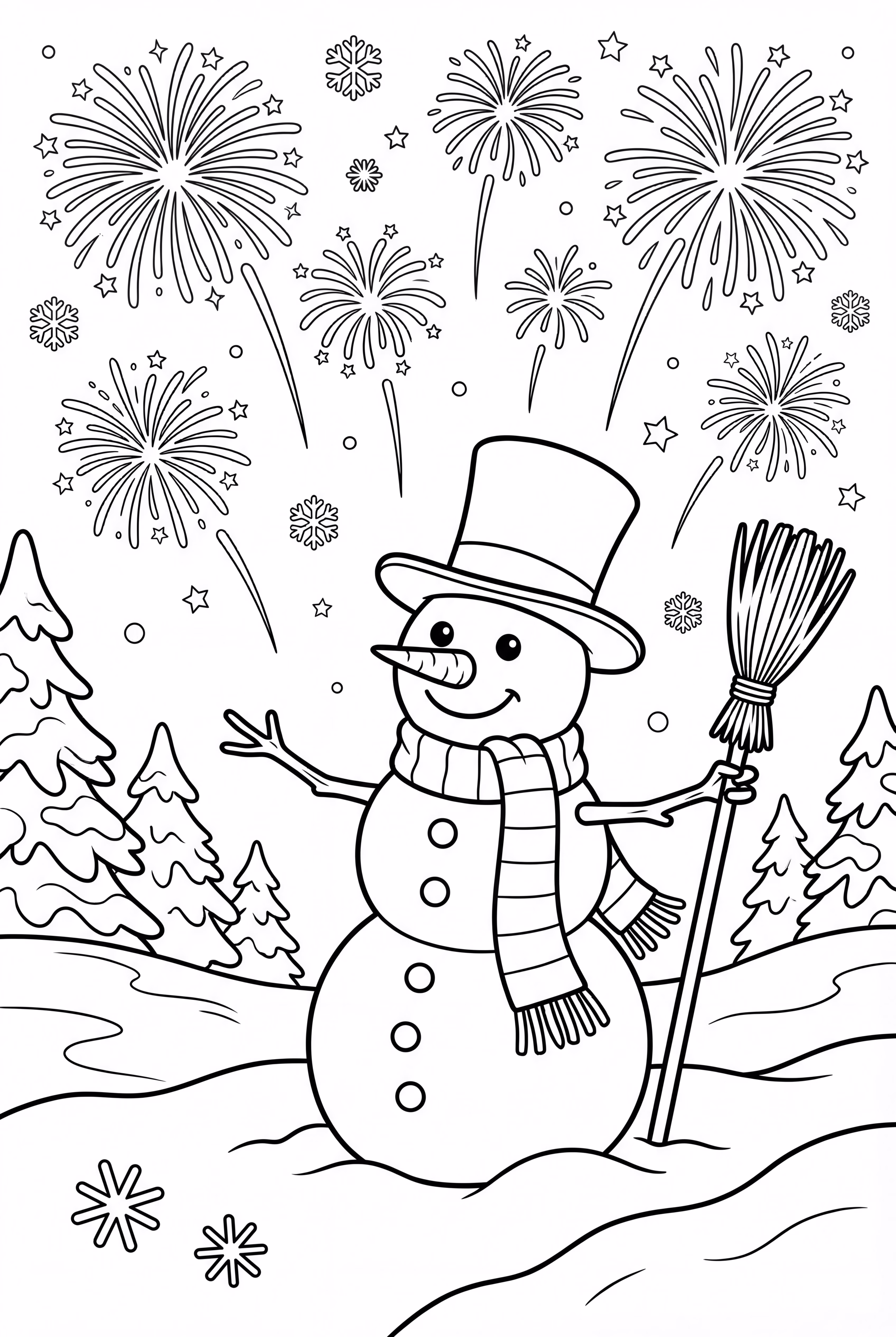 Fireworks Display Near a Snowman