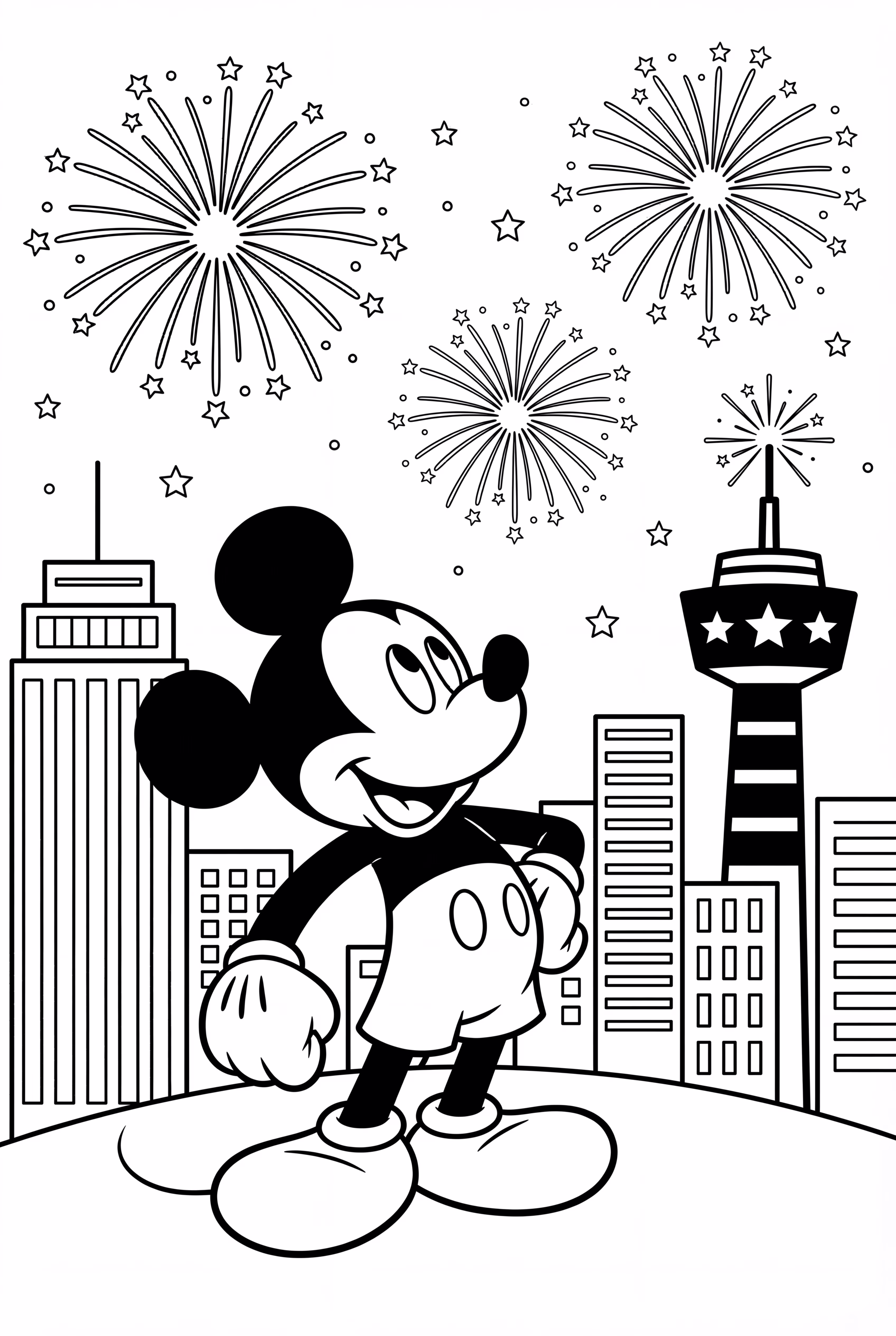 Fuegos Artificiales sobre una Ciudad con Mickey Mouse