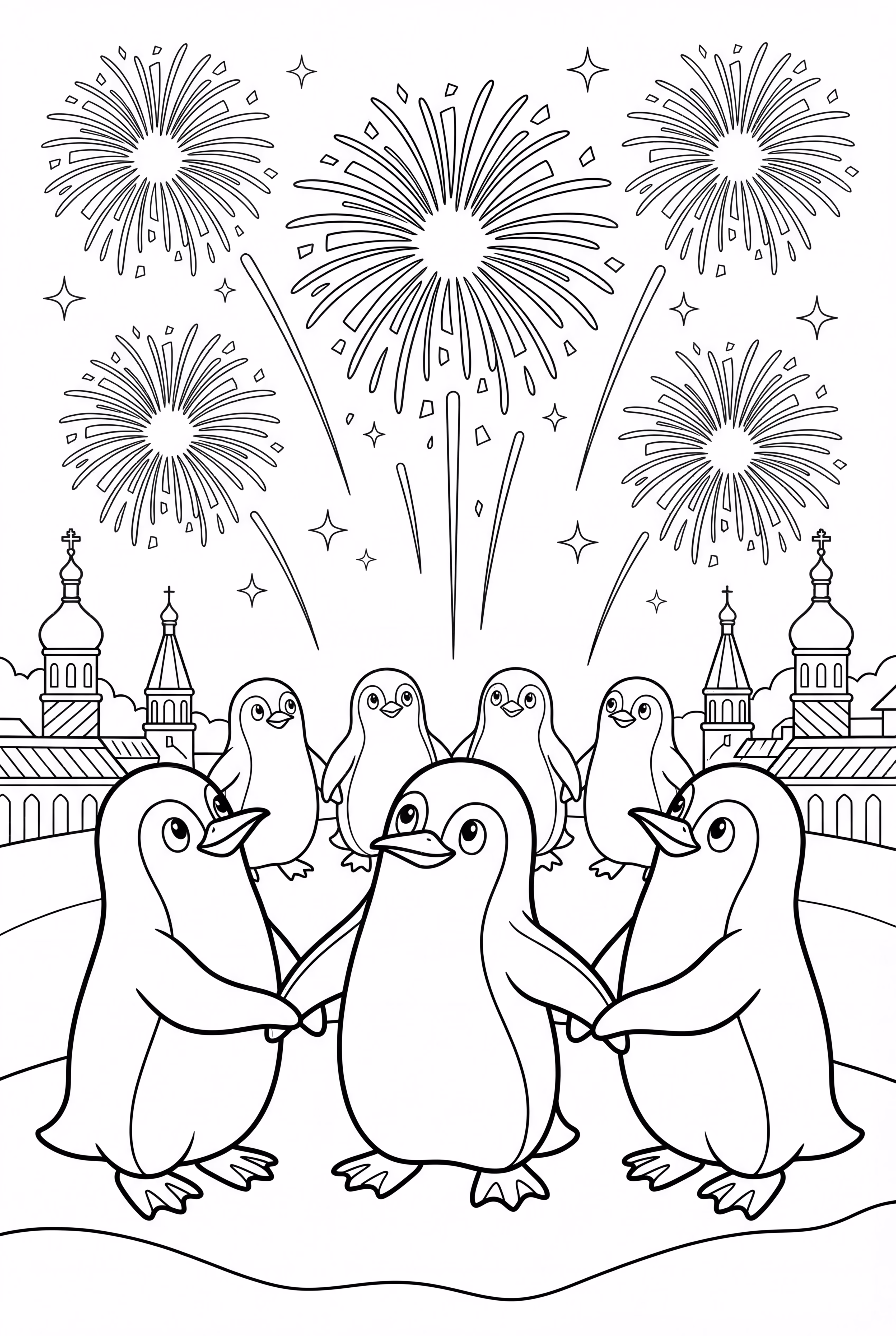 Fogos de Artifício sobre um Desfile de Pinguins