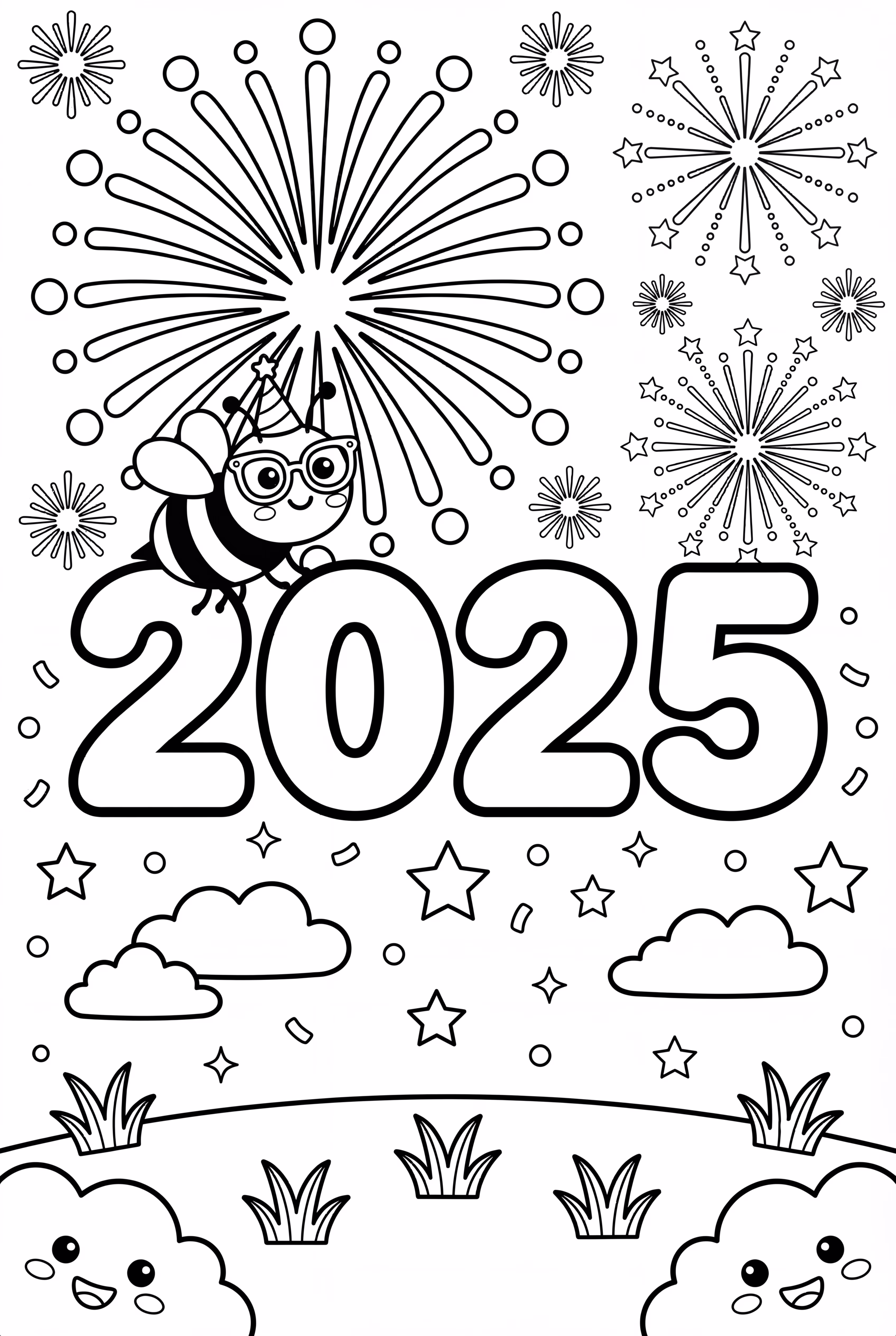 Fireworks with 2025 Bubble Words