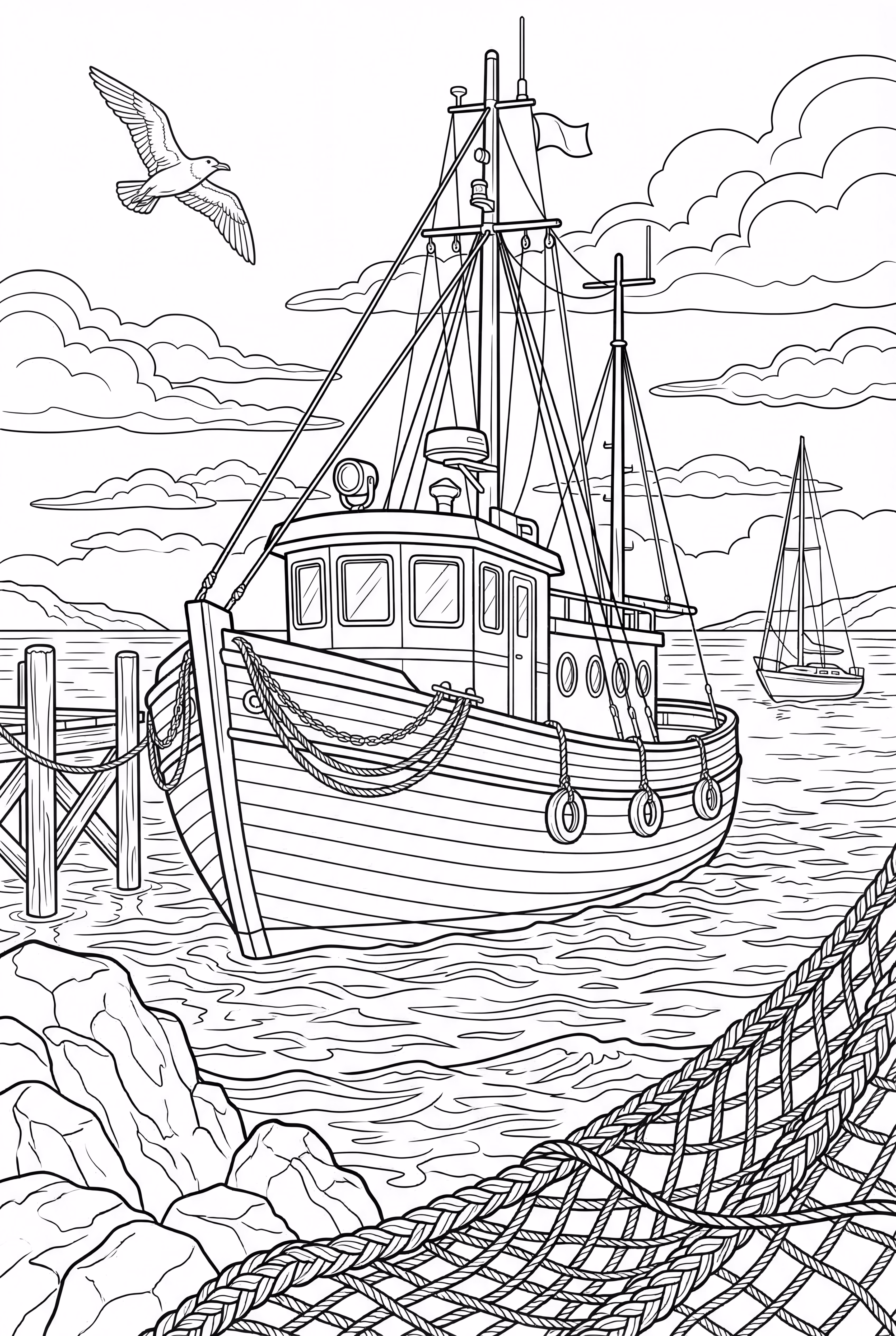 Barco de pesca al amanecer con redes