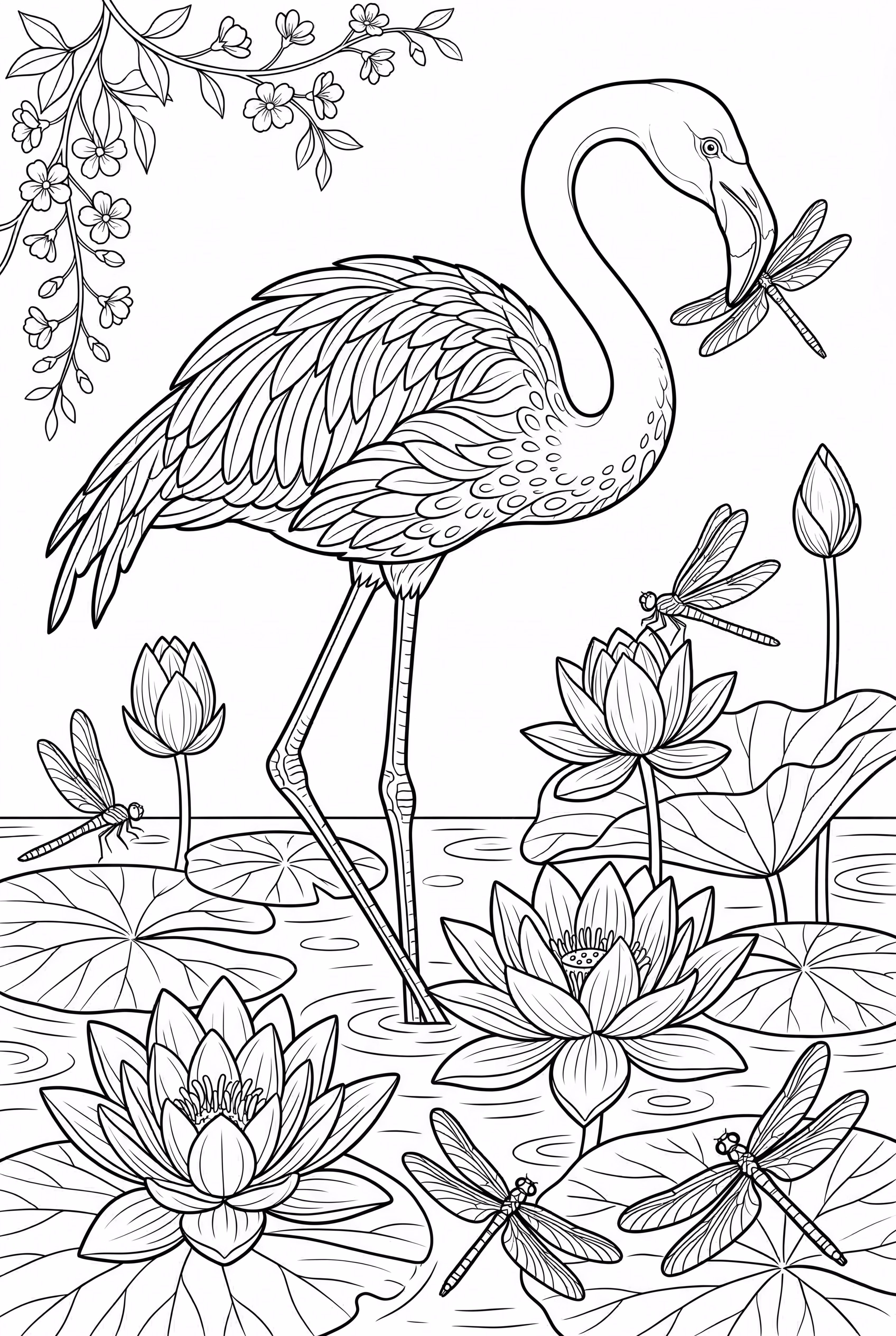 Flamant avec des fleurs de lotus