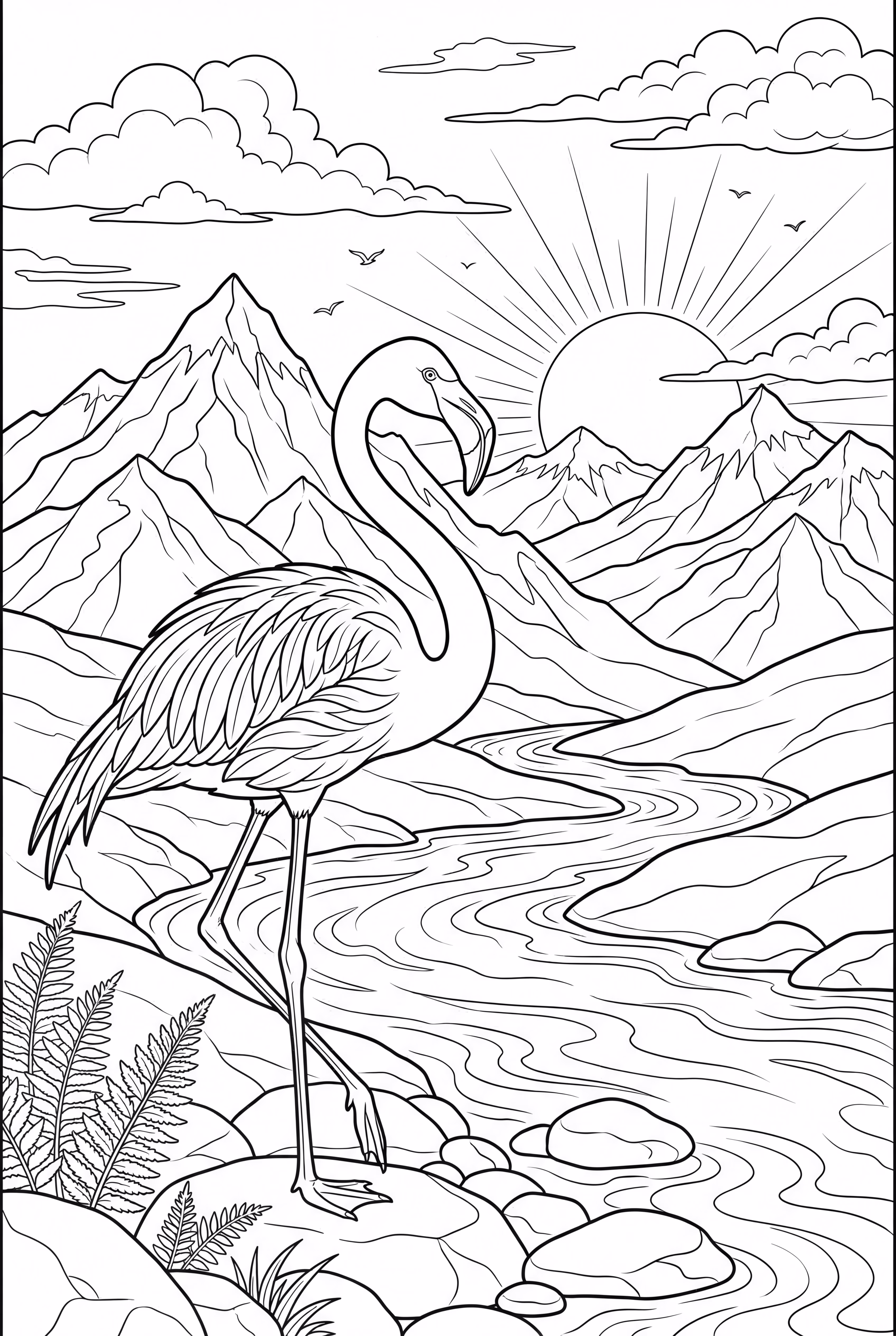 Flamant rose avec coucher de soleil et paysage montagneux