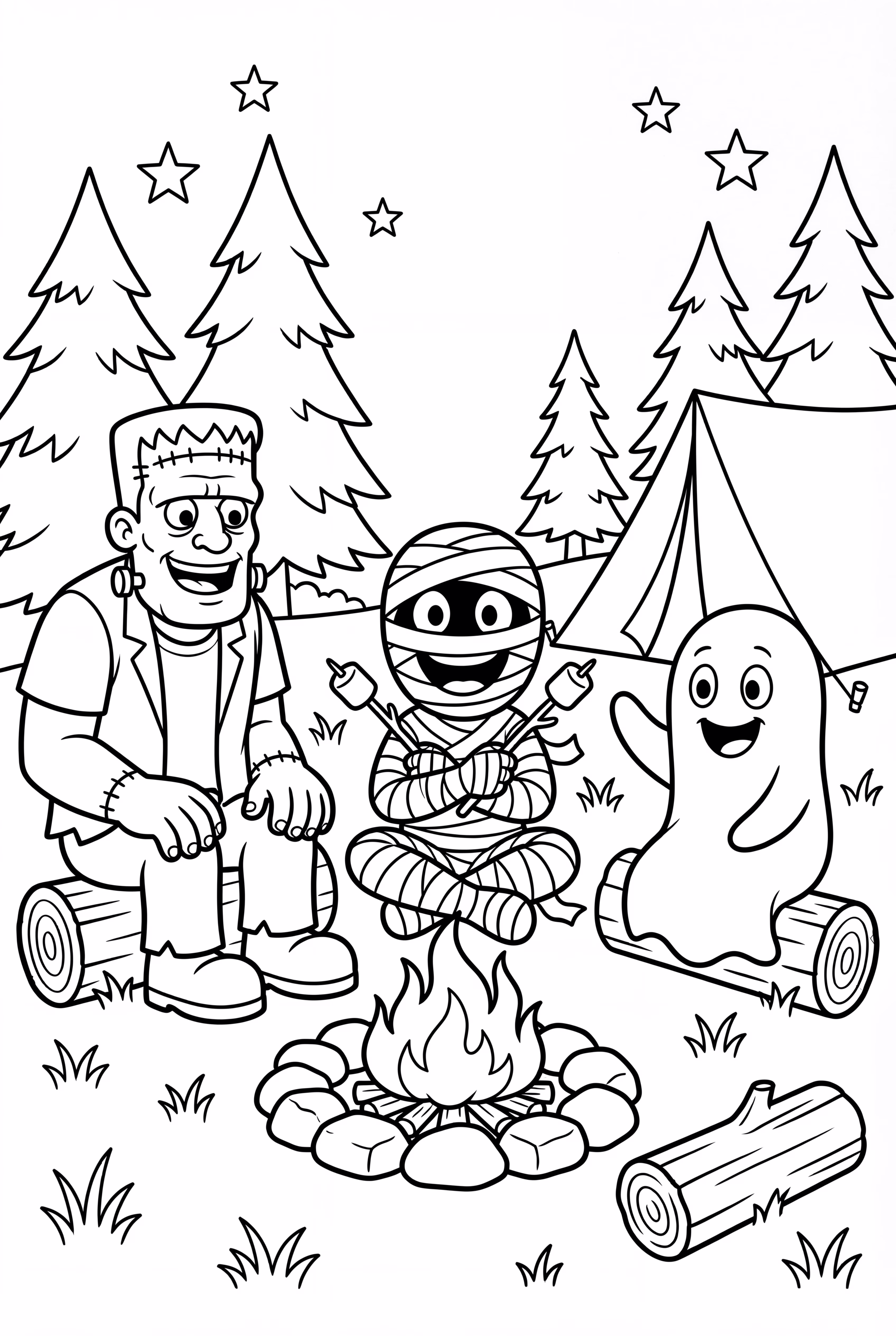 Frankenstein And Friends Around A Campfire