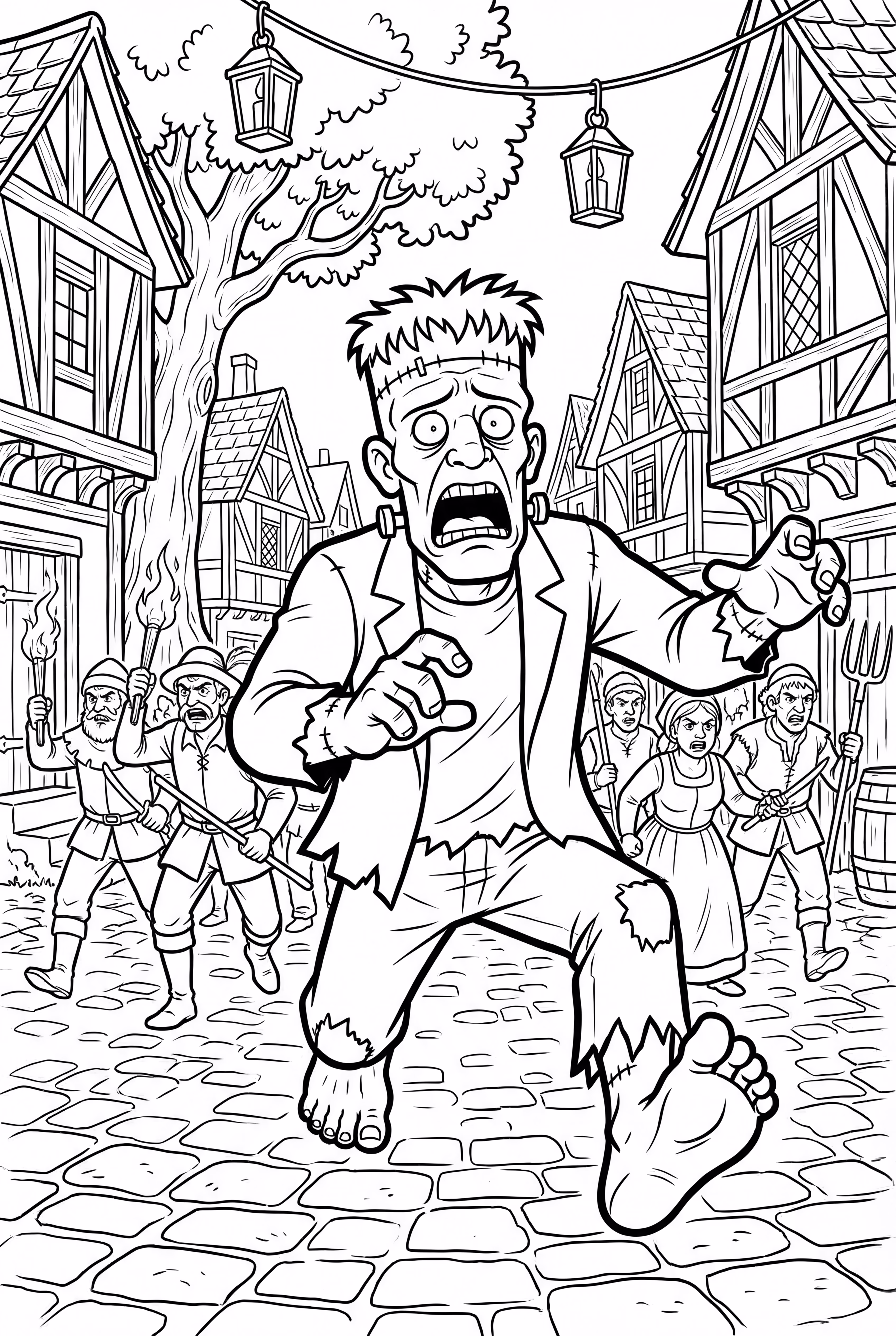 Frankenstein fuyant des villageois en colère