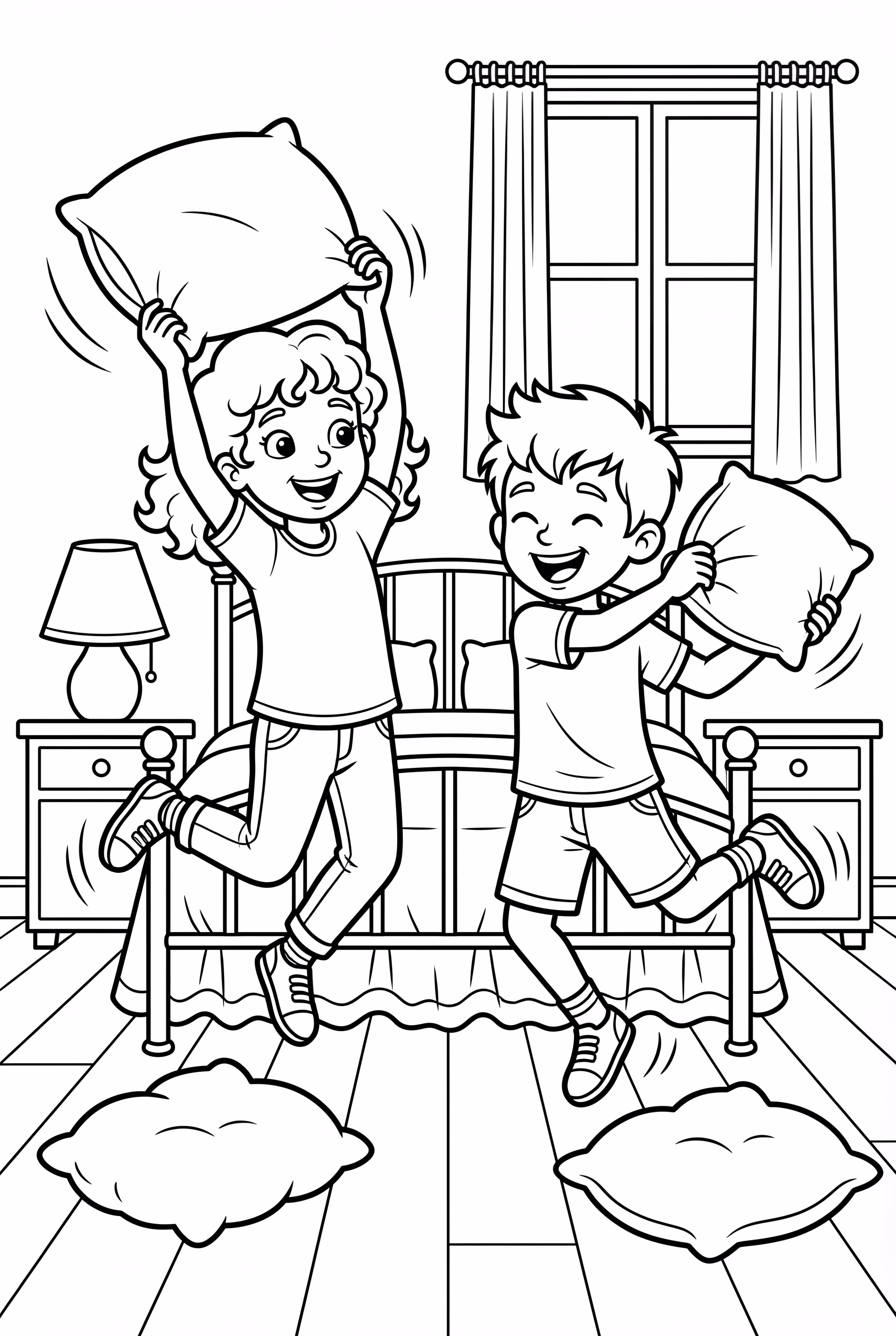 Friends Having A Pillow Fight In Bedroom