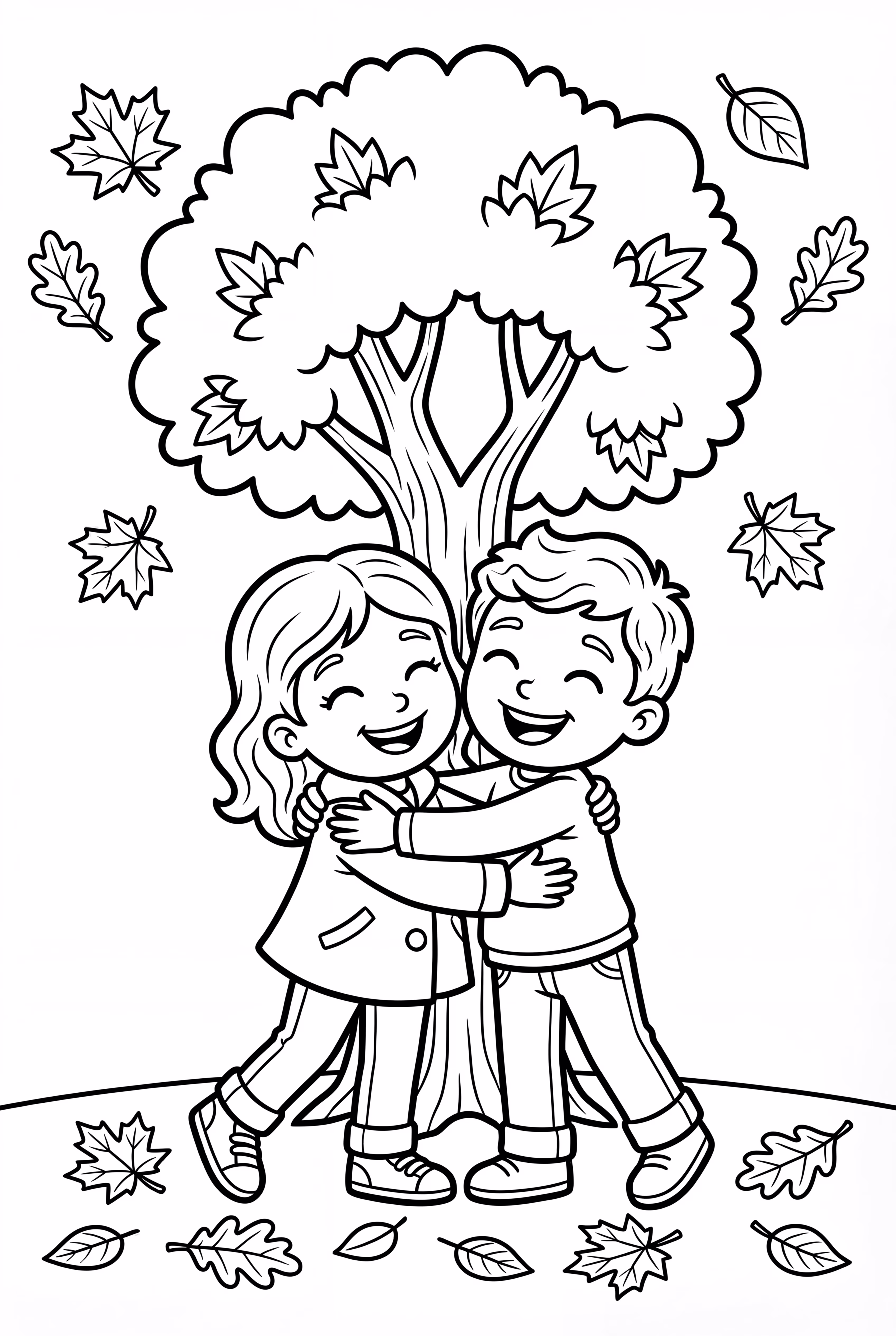 Friends Hugging Under Colorful Autumn Leaves