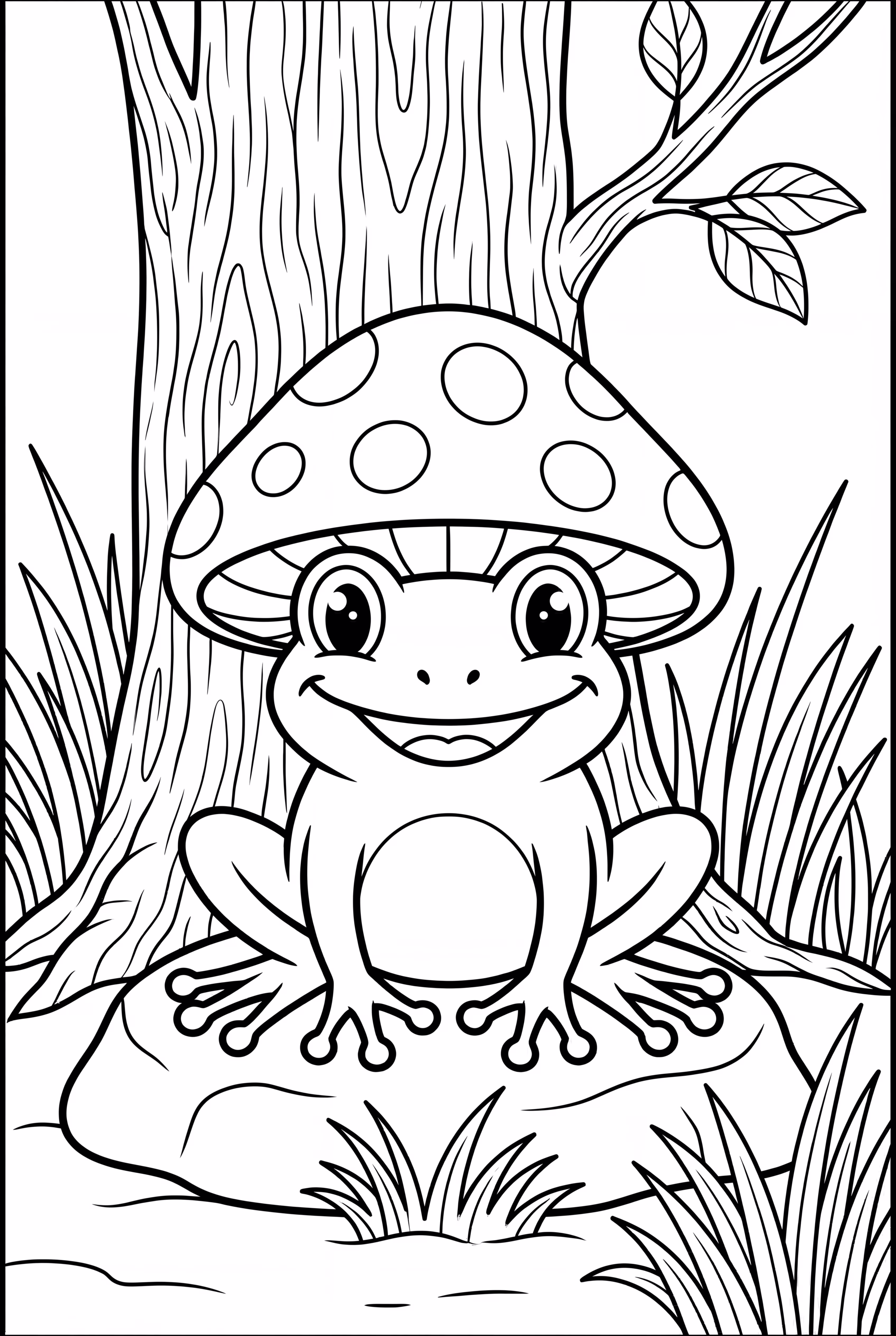 Frog with Mushroom Hat Under a Tree