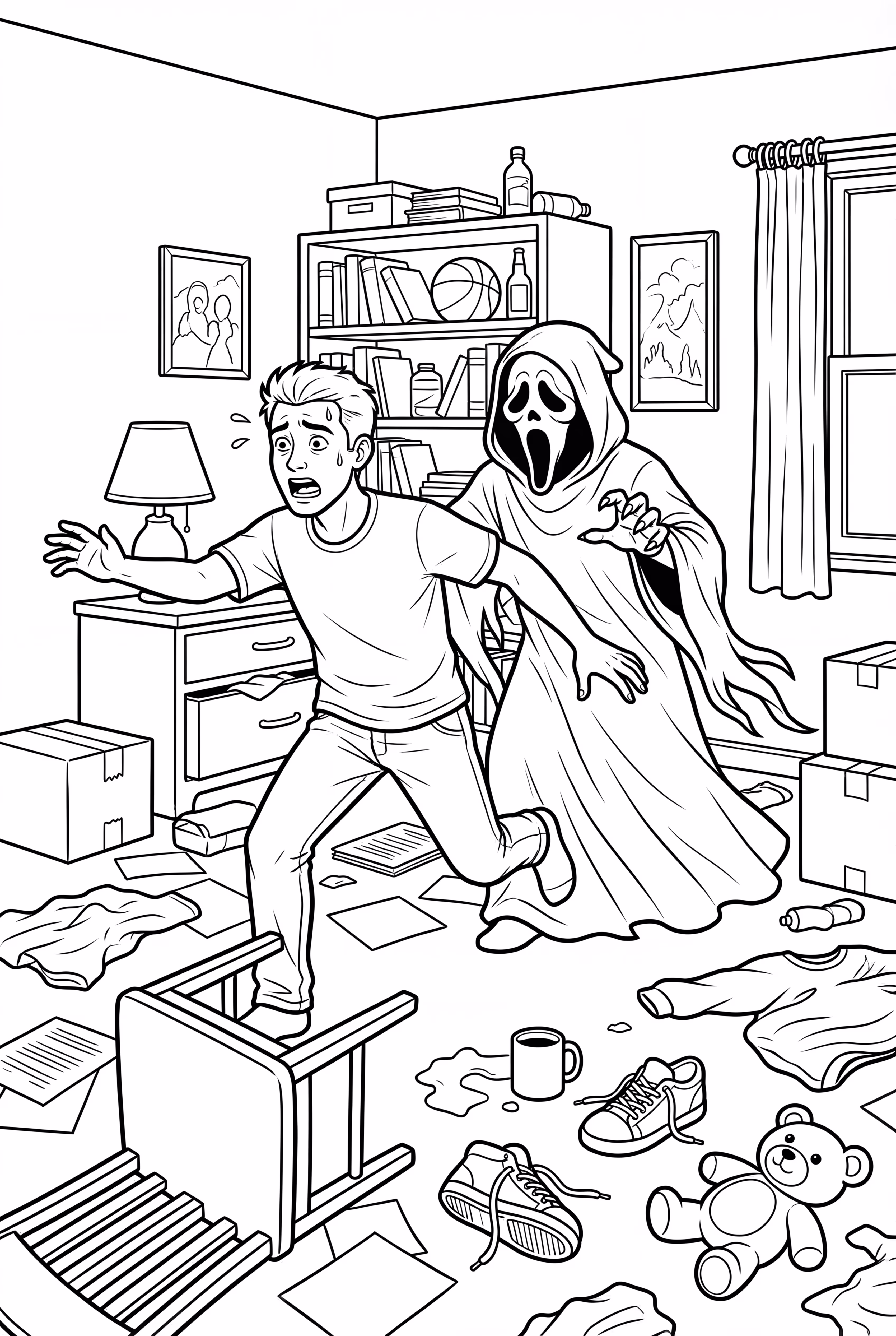 Ghostface Chasing Someone Through A Messy Room