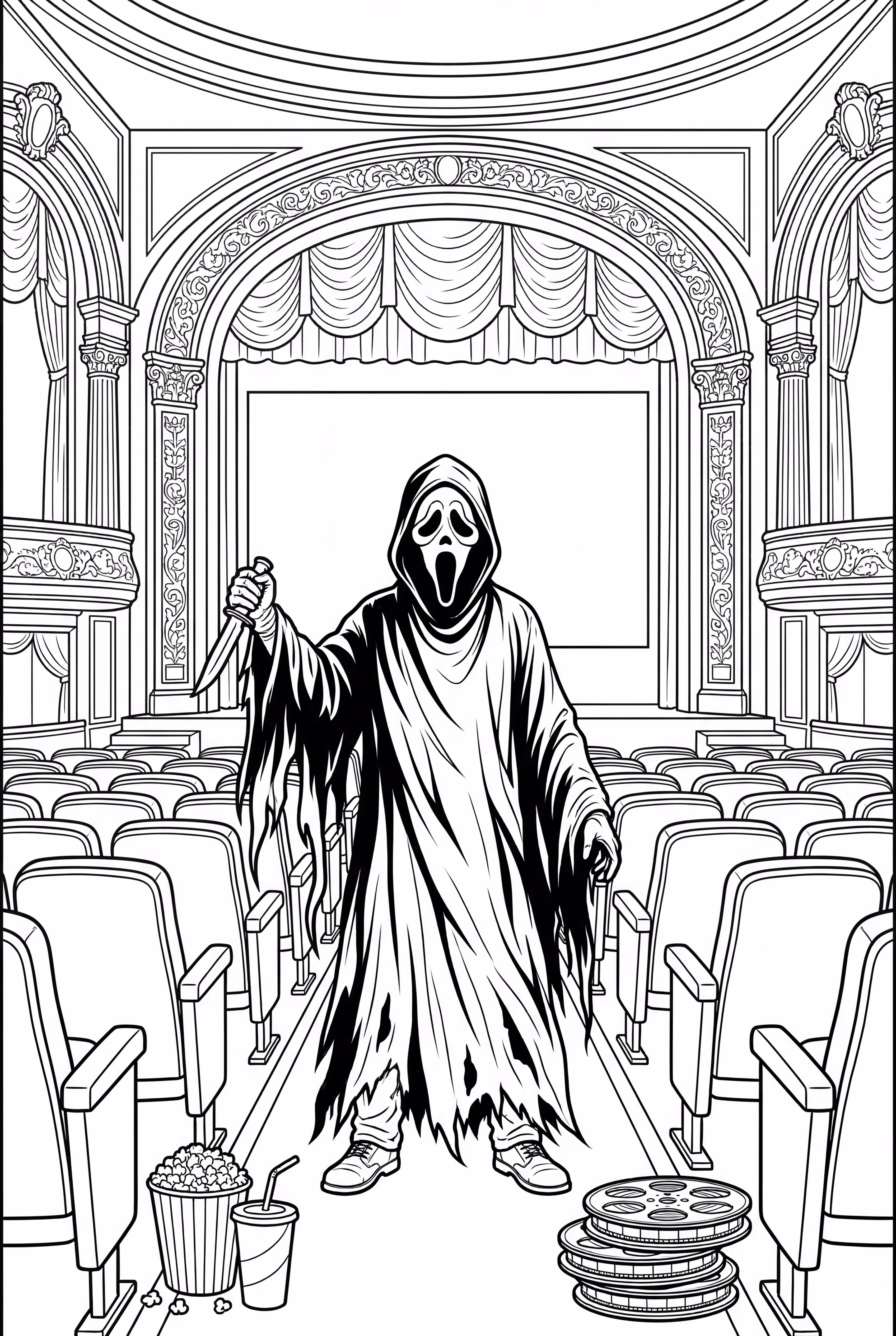 细致的电影院里的鬼面人