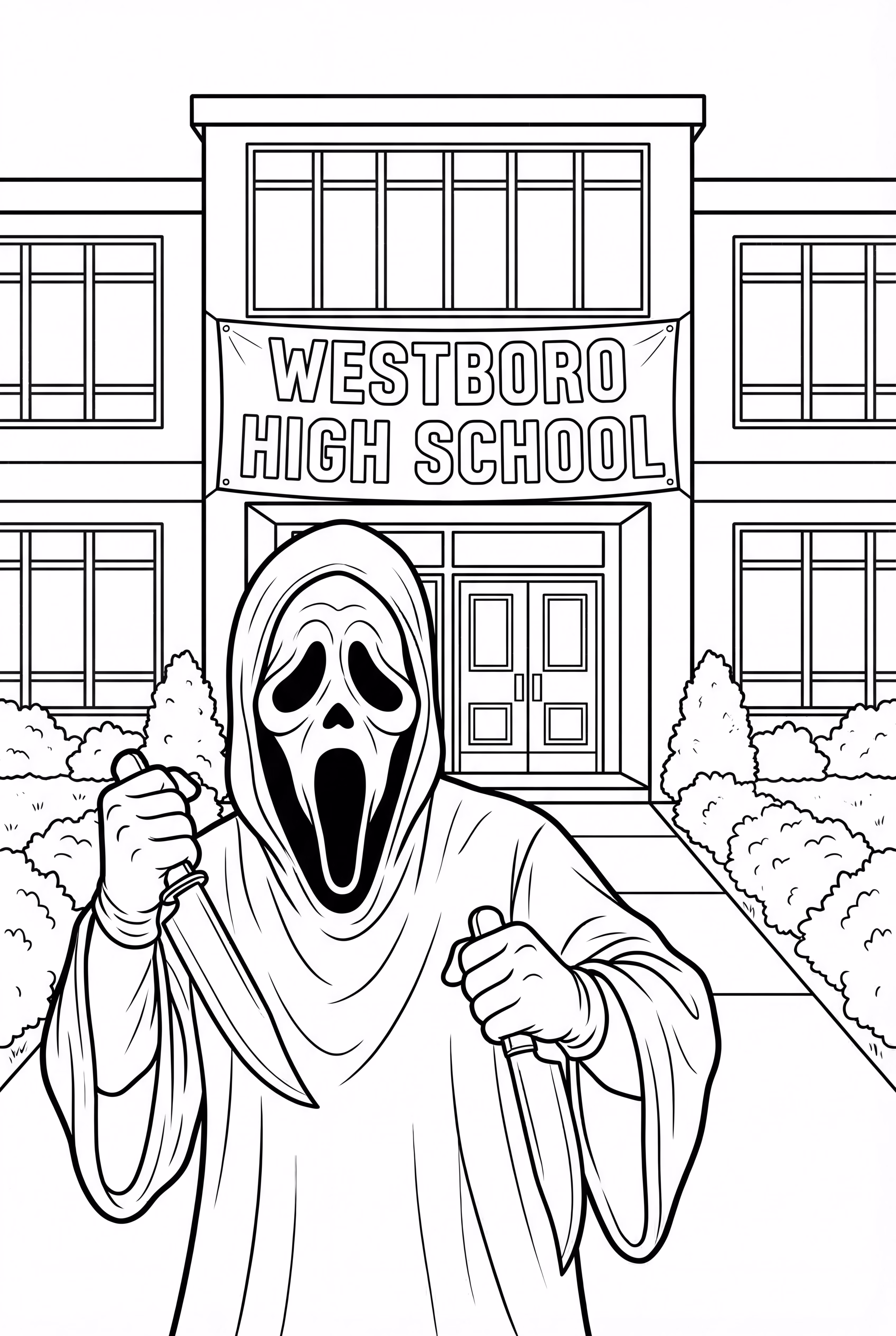 Ghostface In Front Of Woodsboro High School