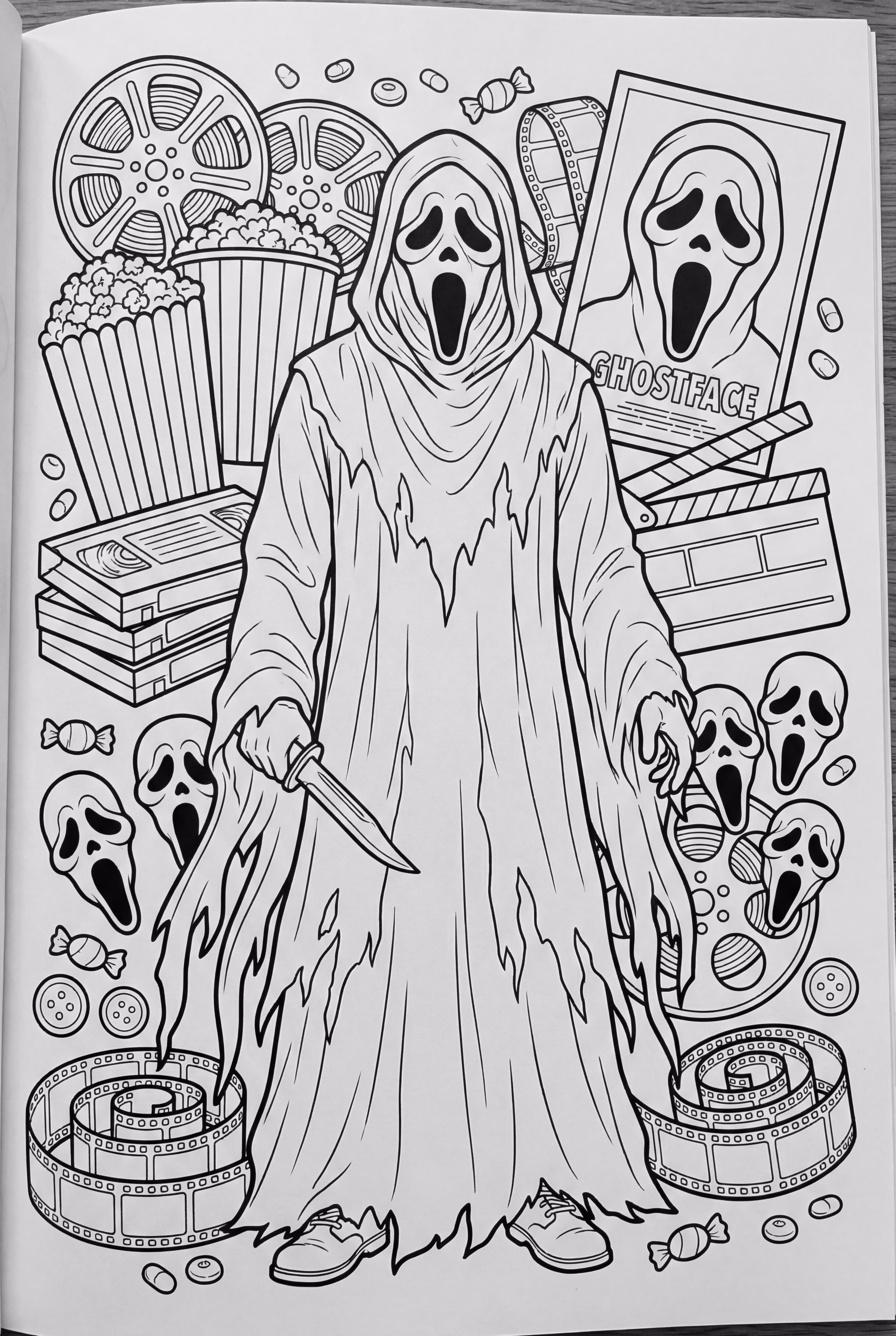 Ghostface entouré de souvenirs de films d'horreur