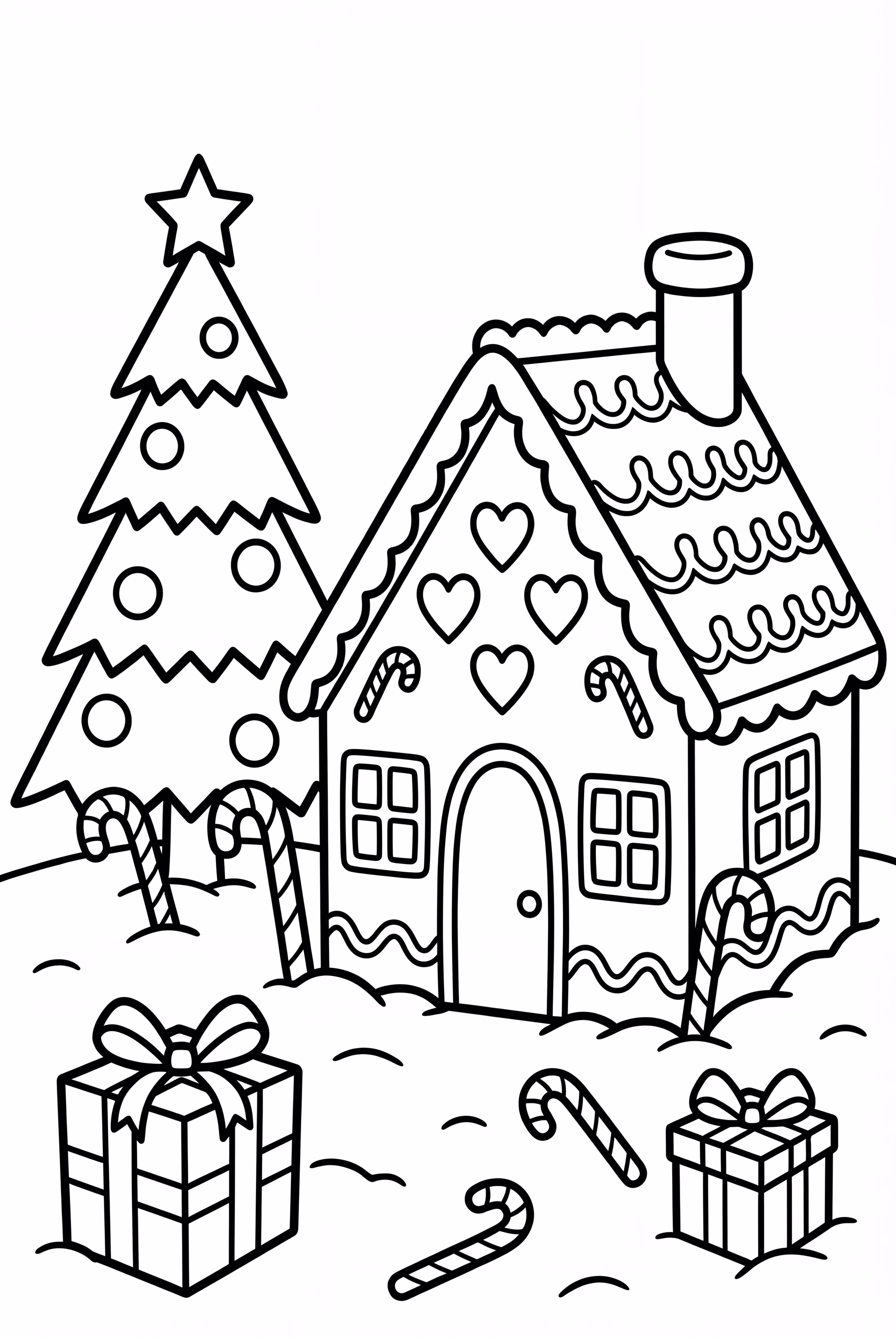 Gingerbread House Next To A Christmas Tree